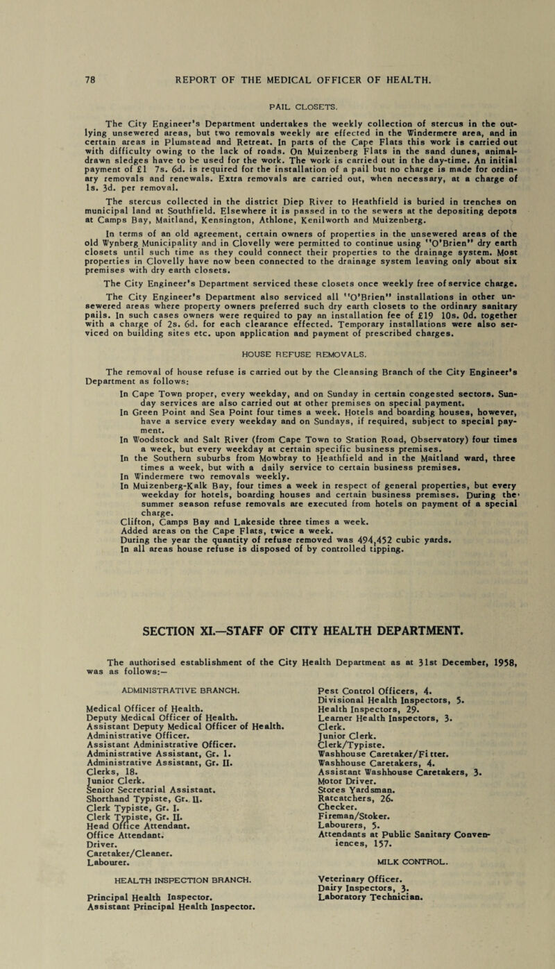 PAIL CLOSETS. The City Engineer’s Department undertakes the weekly collection of stercus in the out¬ lying unsewered areas, but two removals weekly are effected in the Windermere area, and in certain areas in Plumstead and Retreat. In parts of the Cape Flats this work is carried out with difficulty owing to the lack of roads. On Muizenberg Flats in the sand dunes, animal- drawn sledges have to be used for the work. The work is carried out in the day-time. An initial payment of £1 7s. 6d. is required for the installation of a pail but no charge is made for ordin¬ ary removals and renewals. Extra removals are carried out, when necessary, at a charge of Is. 3d. per removal. The stercus collected in the district Diep River to Heathfield is buried in trenches on municipal land at Southfield. Elsewhere it is passed in to the sewers at the depositing depots at Camps Bay, Maitland, Kensington, Athlone, Kenilworth and Muizenberg. In terms of an old agreement, certain owners of properties in the unsewered areas of the old Wynberg Municipality and in Clovelly were permitted to continue using ’’O’Brien” dry earth closets until such time as they could connect their properties to the drainage system. Most properties in Clovelly have now been connected to the drainage system leaving only about six premises with dry earth closets. The City Engineer’s Department serviced these closets once weekly free of service charge. The City Engineer’s Department also serviced all ’’O’Brien” installations in other un¬ sewered areas where property owners preferred such dry earth closets to the ordinary sanitary pails. In such cases owners were required to pay an installation fee of £19 10s. 0d. together with a charge of 2s. 6d. for each clearance effected. Temporary installations were also ser¬ viced on building sites etc. upon application and payment of prescribed charges. HOUSE REFUSE REMOVALS. The removal of house refuse is carried out by the Cleansing Branch of the City Engineer’s Department as follows; In Cape Town proper, every weekday, and on Sunday in certain congested sectors. Sun¬ day services are also carried out at other premises on special payment. In Green Point and Sea Point four times a week. Hotels and boarding houses, however, have a service every weekday and on Sundays, if required, subject to special pay¬ ment. In Woodstock and Salt River (from Cape Town to Station Road, Observatory) four times a week, but every weekday at certain specific business premises. In the Southern suburbs from Mowbray to Heathfield and in the Maitland ward, three times a week, but with a daily service to certain business premises. In Windermere two removals weekly. In Muizenberg-Kalk Bay, four times a week in respect of general properties, but every weekday for hotels, boarding houses and certain business premises. During the1 summer season refuse removals are executed from hotels on payment of a special charge. Clifton, Camps Bay and Lakeside three times a week. Added areas on the Cape Flats, twice a week. During the year the quantity of refuse removed was 494,452 cubic yards. In all areas house refuse is disposed of by controlled tipping. SECTION XI.—STAFF OF CITY HEALTH DEPARTMENT. The authorised establishment of the Ctty Health Department as at 31st December, 1958, wa3 as follows;— ADMINISTRATIVE BRANCH. Medical Officer of Health. Deputy Medical Officer of Health. Assistant Deputy Medical Officer of Health. Administrative Officer. Assistant Administrative Officer. Administrative Assistant, Gr. 1. Administrative Assistant, Gr. II. Clerks, 18. unior Clerk. enior Secretarial Assistant. Shorthand Typiste, Gr.. II. Clerk Typiste, Gr. I. Clerk Typiste, Gr. II. Head Office Attendant. Office Attendant. Driver. Caretaker/Cleaner. Labourer. HEALTH INSPECTION BRANCH. Principal Health Inspector. Assistant Principal Health Inspector. Pest Control Officers, 4. Divisional Health Inspectors, 5* Health Inspectors, 29- Learner Health Inspectors, 3. Clerk. Junior Clerk. Clerk/Typiste. Washhouse Caretaker/Fitter. Washhouse Caretakers, 4. Assistant Washhouse Caretakers, 3. Motor Driver. Stores Yardsman. Ratcatchers, 26. Checker. Fireman/Stoker. Labourers, 5. Attendants at Public Sanitary Conven¬ iences, 157. MILK CONTROL. Veterinary Officer. Dairy Inspectors, 3* Laboratory Technician.