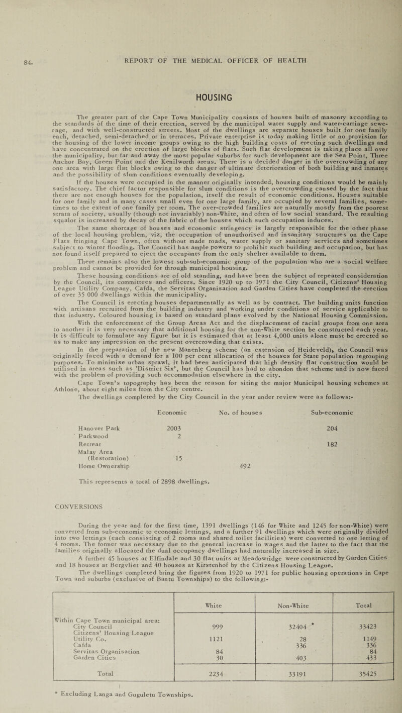 HOUSING The greater part of the Cape Town Municipality consists of houses built of masonry according to the standards of the time of their erection, served by the municipal water supply and water-carriage sewe¬ rage, and with well-constructed streets. Most of the dwellings are separate houses built for one family each, detached, semi-detached or in terraces. Private enterprise is today making little or no provision for the housing of the lower income groups owing to the high building costs of erecting such dwellings and have concentrated on the erection of large blocks of flats. Such flat development is taking place all over the municipality, but far and away the most popular suburbs for such development are the Sea Point, Three Anchor Bay, Green Point and the Kenilworth areas. There is a decided danger in the overcrowding of any one area with large flat blocks owing to the danger of ultimate deterioration of both building and inmates and the possibility of slum conditions eventually developing. If the houses were occupied in the manner originally intended, housing conditions would be mainly satisfactory. The chief factor responsible for slum conditions is the overcrowding caused by the fact that there are not enough houses for the population, itself the result of economic conditions. Houses suitable for one family and in many cases small even for one large family, are occupied by several families, some¬ times to the extent of one family per room. The over-crowded families are naturally mostly from the poorest strata of society, usually (though not invariably) non-White, and often of low social standard. The resulting squalor is increased by decay of the fabric of the houses which such occupation induces. The same shortage of houses and economic stringency is largely responsible for the other phase of the local housing problem, viz, the occupation of unauthorised and insanitary structures on the Cape Flats fringing Cape Town, often without made roads, water supply or sanitary services and sometimes subject to winter flooding. The Council has ample powers to prohibit such building and occupation, but has not found itself prepared to eject the occupants from the only shelter available to them. There remains also the lowest sub-sub-economic group of the population who are a social welfare problem and cannot be provided for through municipal housing. These housing conditions are of old standing, and have been the subject of repeated consideration by the Council, its committees and officers. Since 1920 up to 1971 the City Council, Citizens' Housing League Utility Company, Cafda, the Servitas Organisation and Garden Cities have completed the erection of over 35 000 dwellings within the municipality. The Council is erecting houses departmentally as well as by contract. The building units function with artisans recruited from the building industry and working under conditions of service applicable to that industry. Coloured housing is based on standard plans evolved by the National Housing Commission. With the enforcement of the Group Areas Act and the displacement of racial groups from one area to another it is very necessary that additional housing for the non-White section be constructed each year. It is difficult to formulate any figure but it is estimated that at least 4,000 units alone must be erected so as to make any impression on the present overcrowding that exists. In the preparation of the new Manenberg scheme (an extension of Heideveld), the Council was originally faced with a demand for a 100 per cent allocation of the houses for State population regrouping purposes. To minimise urban sprawl, it had been anticipated that high density flat construction would be utilised in areas such as 'District Six’, but the Council has had to abondon that scheme and is now faced with the problem of providing such accommodation elsewhere in the city. Cape Town’s topography has been the reason for siting the major Municipal housing schemes at Athlone, about eight miles from the City centre. The dwellings completed by the City Council in the year under review were as follows:- Hanover Park Parkwood Retreat Malay Area (Restoration) Home Ownership Economic 2003 2 15 No. of houses 492 This represents a total of 2898 dwellings. Sub-economic 204 182 CONVERSIONS During the year and for the first time, 1391 dwellings (146 for White and 1245 for non-W'hite) were converted from sub-economic to economic lettings, and a further 91 dwellings which were originally divided into two lettings (each consisting of 2 rooms and shared toilet facilities) were converted to one letting of 4 rooms. The former was necessary due to the general increase in wages and the latter to the fact that the families originally allocated the dual occupancy dwellings had naturally increased in size. A further 45 houses at Elfindale and 30 flat units at Meadowridge were constructed by Garden Cities and 18 houses at Bergvliet and 40 houses at Kirstenhof by the Citizens Housing League. The dwellings completed bring the figures from 1920 to 1971 for public housing operations in Cape Town and suburbs (exclusive of Bantu Townships) to the following:- White Non-White Total Within Cape Town municipal area: City Council Citizens’ Housing League 999 32404 * 33423 Utility Co. 1121 28 1149 Cafda 336 336 Servitas Organisation 84 84 Garden Cities 30 403 433 Total 2234 33191 35425 * Excluding Langa and Guguletu Townships.