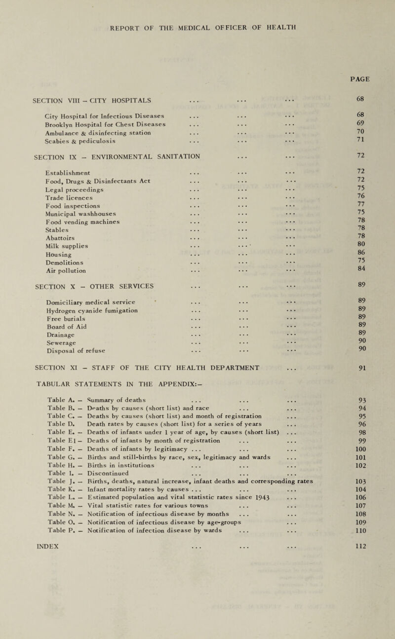 PAGE SECTION VIII - CITY HOSPITALS ... • • • • • • 68 City Hospital for Infectious Diseases ... ... • • • 68 Brooklyn Hospital for Chest Diseases ... ... • • • 69 Ambulance & disinfecting station ... ... • • • 70 Scabies & pediculosis ... • • • • • • 71 SECTION IX - ENVIRONMENTAL SANITATION ... • • • 72 Establishment ... • • • • • • 72 Food, Drugs & Disinfectants Act ... ... • • • 72 Legal proceedings ... • • • • • • 75 Trade licences ... • • • • • • 76 Food inspections ... • • • • • • 77 Municipal washhouses ... • • • • • • 75 Food vending machines ... • • • • • • 78 Stables ... •• • • • • ^8 Abattoirs • • • • • • • • • ^8 Milk supplies ... .. . • ... 80 Housing • • • • • • • • • ®6 Demolitions ... ••• ••• Air pollution • • • • • • • • * SECTION X - OTHER SERVICES ... • • • • • • 89 Domiciliary medical service * ... • • • • • • 89 Hydrogen cyanide fumigation ... ... • • • 89 Free burials ... • • • • • • 89 Board of Aid ... • • • • • • 89 Drainage ... •• • ••• ° Sewerage ... • • • • ■ • 99 Disposal of refuse ...  SECTION XI - STAFF OF THE CITY HEALTH DEPARTMENT ... 91 TABULAR STATEMENTS IN THE APPENDIX:- Table A. — Summary of deaths ... ... ... 93 Table B. — Deaths by causes (short list) and race ... ... 94 Table C. — Deaths by causes (short list) and month of registration ... 95 Table D. Death rates by causes (short list) for a series of years ... 96 Table E. — Deaths of infants under 1 year of age, by causes (short list) ... 98 Table El — Deaths of infants by month of registration ... ... 99 Table F. — Deaths of infants by legitimacy ... ... ... 100 Table G. — Births and still-births by race, sex, legitimacy and wards . . . 101 Table H. — Births in institutions ... ... ... 102 Table I, — Discontinued ... ... ... Table J. — Births, deaths, natural increase, infant deaths and corresponding rates 103 Table K. — Infant mortality rates by causes ... ... ... 104 Table L. — Estimated population and vital statistic rates since 1943 • • • 106 Table M. — Vital statistic rates for various towns ... ... 107 Table N. — Notification of infectious disease by months ... ... 108 Table O. — Notification of infectious disease by age-groups . . . 109 Table P. — Notification of infection disease by wards ... ... 110 112 INDEX