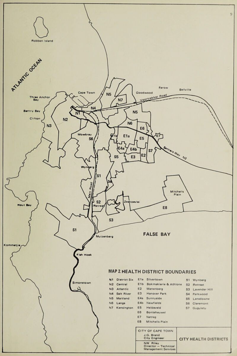 / o* Bel t vi 11e Three Anchor Bay Bantry Bay Cl itton MAP 2. HEALTH DISTRICT BOUNDARIES N1 District Six Ela Silvertown SI Wy nberg N2 Central Elb Bokmakierie & Athlone S2 Retreat N3 Atlantic E2 Manenberg S3 Lavender Hill N4 Salt River E3 Hanover Park S4 Parkwood N5 Maitland E4a Sunnyside S5 Lansdowne N6 Langa E4b Newf ields S6 Claremont N7 Kensington E5 Heideveld S7 Guguletu E6 Bonteheuwel E7 Netreg E8 Mitchells Plain CITY OF CAPE TOWN -1 1 J.G. Brand City Engineer CITY HEALTH DISTRICTS z NW Riley Director — Technical Management Services
