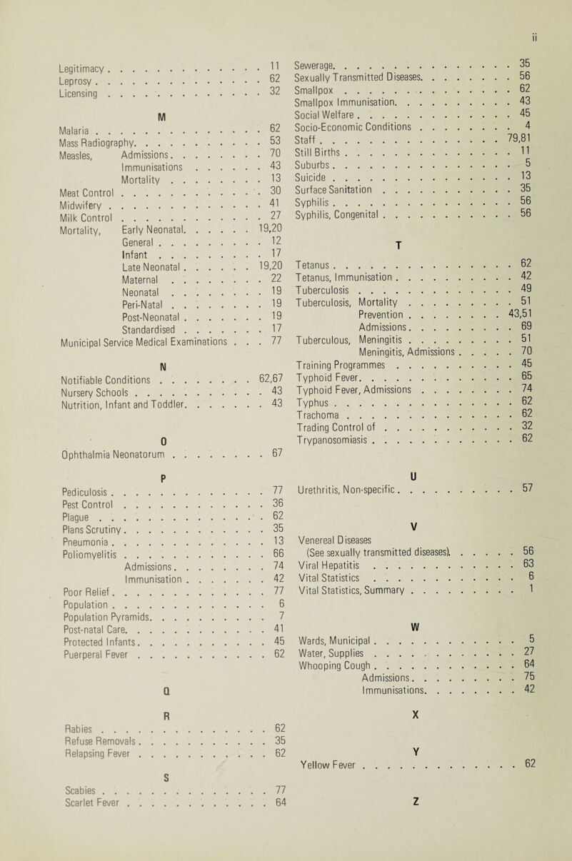 Legitimacy.. . • • • . . 11 Leprosy.. . . 62 Licensing ....... . . 32 M Malaria. . . 62 Mass Radiography.. . . 53 Measles, Admissions. ..... . . 70 Immunisations .... . . 43 Mortality. . . 13 Meat Control . ... . . 30 Midwifery.. . . 41 Milk Control. . . 27 Mortality, Early Neonatal. .... . 19,20 General ....... . . 12 Infant . . . 17 Late Neonatal . . . . . . 19,20 Maternal ...... . . 22 Neonatal ...... . . 19 Peri-Natal ...... . . 19 Post-Neonatal ..... . . 19 Standardised ..... . . 17 Municipal Service Medical Examinations . . . 77 N Notifiable Conditions ....... . 62,67 Nursery Schools ......... . . 43 Nutrition, Infant and Toddler. . . 43 0 Sewerage.3b Sexually Transmitted Diseases.56 Smallpox. 62 Smallpox Immunisation.43 Social Welfare ..45 Socio-Economic Conditions. 4 Staff ..79,81 Still Births..11 Suburbs.5 Suicide.13 Surface Sanitation 35 Syphilis. 56 Syphilis, Congenital.56 T Tetanus ............ Tetanus, Immunisation . ...... Tuberculosis .......... Tuberculosis, Mortality. Prevention. Admissions. Tuberculous, Meningitis.. Meningitis, Admissions . . Training Programmes. Typhoid Fever. ......... Typhoid Fever, Admissions. Typhus . Trachoma.. Trading Control of.. . . Trypanosomiasis ......... . 62 . 42 . 49 . 51 43,51 . 69 . 51 . 70 . 45 . 65 . 74 . 62 . 62 . 32 . 62 Ophthalmia Neonatorum . . . . . ... 67 P U Pediculosis.. ... 77 Urethritis, Non-specific. . . 57 Pest Control. ... 36 Plague ........... ... 62 Plans Scrutiny. ... 35 V Pneumonia. ... 13 Venereal Diseases Poliomyelitis.. . . . ... 66 (See sexually transmitted diseases). . . . . 56 Admissions. . . . . ... 74 Viral Hepatitis . .. . . 63 Immunisation . . . . ... 42 Vital Statistics . . 6 Poor Relief. ... 77 Vital Statistics, Summary. . . 1 Population. ... 6 Population Pyramids. ...... ... 7 Post-natal Care.. . . . ... 41 W Protected Infants . ... 45 Wards, Municipal. . . 5 Puerperal Fever. ... 62 Water, Supplies . . . .. ... 21 Whooping Cough . . . . 64 Admissions.. . . . 75 Q Immunisations. . . . 42 R Rabies. Refuse Removals. . . Relapsing Fever . . . S Scabies. Scarlet Fever .... X 62 35 62 Y Yellow Fever . . . . . 77 64 Z 62