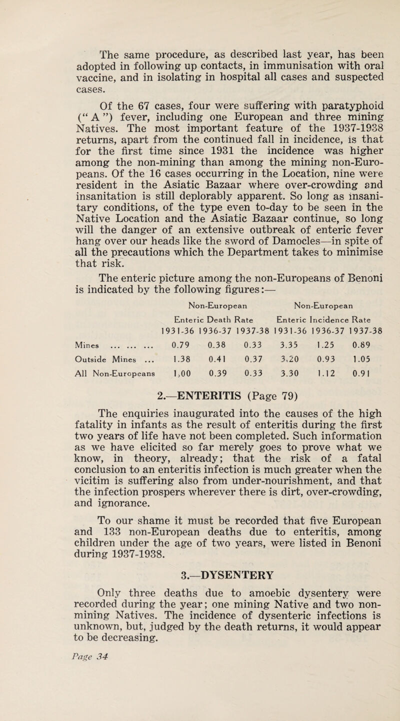 The same procedure, as described last year, has been adopted in following up contacts, in immunisation with oral vaccine, and in isolating in hospital all cases and suspected cases. Of the 67 cases, four were suffering with paratyphoid (“A ”) fever, including one European and three mining Natives. The most important feature of the 1937-1938 returns, apart from the continued fall in incidence, is that for the first time since 1931 the incidence was higher among the non-mining than among the mining non-Euro¬ peans. Of the 16 cases occurring in the Location, nine were resident in the Asiatic Bazaar where over-crowding and insanitation is still deplorably apparent. So long as insani¬ tary conditions, of the type even to-day to be seen in the Native Location and the Asiatic Bazaar continue, so long will the danger of an extensive outbreak of enteric fever hang over our heads like the sword of Damocles—in spite of all the precautions which the Department takes to minimise that risk. The enteric picture among the non-Europeans of Benoni is indicated by the following figures:— Non-European Non-European Enteric Death Rate Enteric Incidence Rate 1931-36 1936-37 1937-38 1931-36 1936-37 1937- Mines . 0.79 0.38 0.33 3.35 1.25 0.89 Outside Mines 1.38 0.41 0.37 3,20 0.93 1.05 All Non-Europeans 1.00 0.39 0.33 3.30 1.12 0.91 2.—ENTERITIS (Page 79) The enquiries inaugurated into the causes of the high fatality in infants as the result of enteritis during the first two years of life have not been completed. Such information as we have elicited so far merely goes to prove what we know, in theory, already; that the risk of a fatal conclusion to an enteritis infection is much greater when the vicitim is suffering also from under-nourishment, and that the infection prospers wherever there is dirt, over-crowding, and ignorance. To our shame it must be recorded that five European and 133 non-European deaths due to enteritis, among children under the age of two years, were listed in Benoni during 1937-1938. 3.—DYSENTERY Only three deaths due to amoebic dysentery were recorded during the year; one mining Native and two non¬ mining Natives. The incidence of dysenteric infections is unknown, but, judged by the death returns, it would appear to be decreasing.