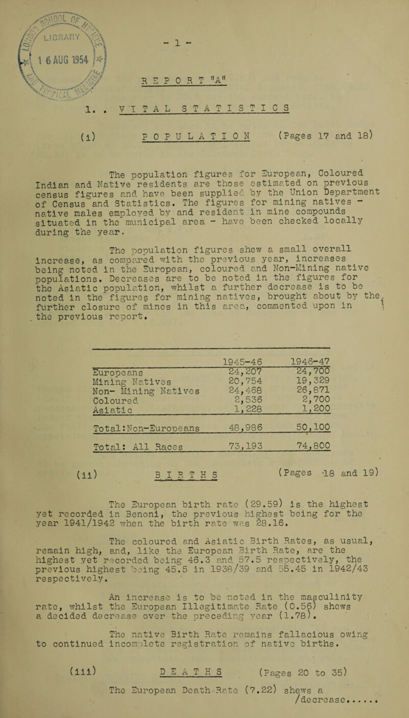 1. . (i) - 1 - REPORT A V'TTAL STATISTICS P 0 PULATION (Pages 17 and 18) The population figures for European, Coloured Indian and Native residents are those estimated on previous census figures and have been supplied by the Union Department of Census and Statistics. The figures for mining natives - native males employed by and resident in mine compounds situated in the municipal area - have been checked locally during the year. The population figures shew a small overall increase, as compared with the previous year, increases being noted in the European, coloured and Non-Mining native populations. Decreases are to be noted in the figures for the Asiatic population, whilst a further decrease is to be noted in the figure? for mining natives, brought about.by the further closure of mines in this area, commented upon in the previous report. 1945-46 1946-47 Europeans 24,207 24,700 Mining Natives 20,754 19,329 Non- Mining Natives 24,468 26,871 Coloured 2,536 2,700 Asiatic 1,228 1,200 TotaliNon-Europeans 48,986 50,100 Total: All Races 73,193 % 74,800 (ii) BIRTHS (Pages *18 and 19) The European birth rate (29.59) is the highest yet recorded in Benoni, the previous highest being for the year 1941/1942 when the birth rate was 28.16. The coloured and Asiatic Birth Rates, as usual, remain high, and, like the European Birth Rate, are the highest yet recorded being 46.3 and 57.5 respectively, the previous highest being 45.5 in 1938/39 and 55.45 in 1942/43 respectively. An increase is to be noted in the masculinity rate, whilst the European Illegitimate Rate (0.56) shews a decided decrease over the preceding year (1.78). The native Birth Rate remains fallacious owing to continued incomplete registration of native births. The European Death Rate (7,22) shews a /decrease