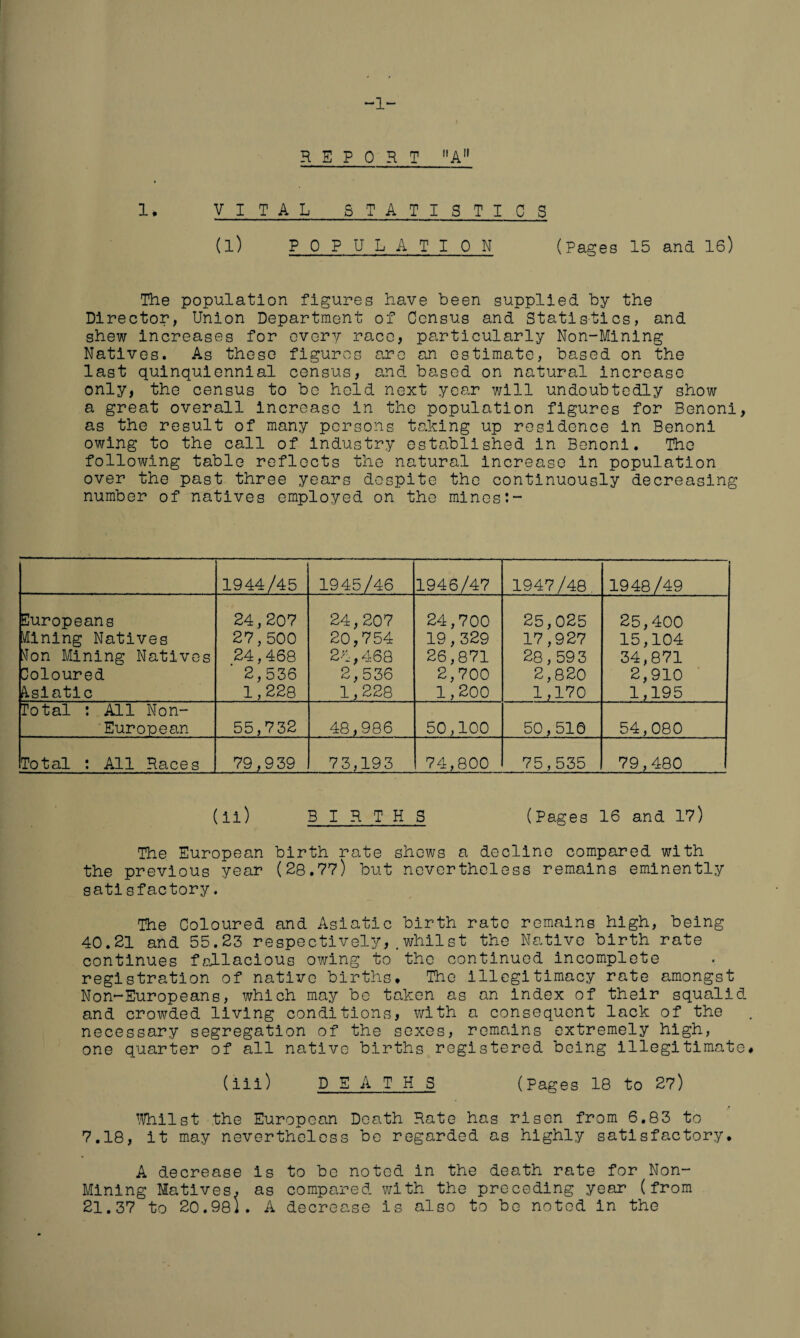 -1- REPORT A 1. VITAL_STATISTICS (l) POPULATION (Pages 15 and 16) The population figures have been supplied by the Director, Union Department of Census and Statistics, and shew increases for every race, particularly Non-Mining Natives. As these figures are an estimate, based on the last quinquiennial census, and based on natural increase only, the census to be hold next year will undoubtedly show a great overall increase in the population figures for Benoni, as the result of many persons taking up residence in Benoni owing to the call of Industry established in Benoni. The following table reflects the natural increase in population over the past three years despite the continuously decreasing number of natives employed on the mines 1944/45 1945/46 1946/47 1947/48 1948/49 Europeans Mining Natives tfon Mining Natives Coloured Asiatic 24,207 27,500 24,468 2,536 1,228 24,207 20,754 24,468 2,536 1,228 24,700 19,329 26,871 2,700 1,200 25,025 17,927 28,593 2,820 1,170 25,400 15,104 34,871 2,910 1,195 Total : All Non- European 55,732 48,986 50,100 50,510 54,080 Total : All Races 79,939 73,193 74,800 75,535 79,480 (ii) BIRTHS (Pages 16 and 17) The European birth rate shews a decline compared with the previous year (28.7?) but nevertheless remains eminently satisfactory. The Coloured and Asiatic birth rate remains high, being 40.21 and 55.23 respectivelywhilst the Native birth rate continues fallacious owing to the continued incomplete registration of native births* The illegitimacy rate amongst Non-Europeans, which may be taken as an index of their squalid and crowded living conditions, with a consequent lack of the necessary segregation of the sexes, remains extremely high, one quarter of all native births registered being illegitimate# (ill) DEATHS (Pages 18 to 27) Whilst the European Death Rate has risen from 6.83 to 7.18, it may nevertheless be regarded as highly satisfactory# A decrease is to be noted in the death rate for Non- Mining Matives, as compared with the preceding year (from 21.37 to 20.981. A decrease is also to bo noted in the