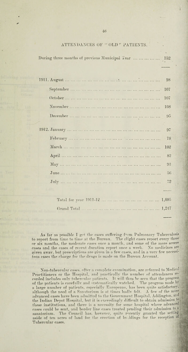 ATTENDANCES OF “ OLD ’’ PATIENTS. During three months of previous Municipal xear 152 1911. August.;.. 98 September. 107 October. 107 November. 108 December. 95 1912. January. 97 February. 78 March. 102 April. 82 May. 93 June.:. 50 July. 72 Total for year 1911-12 . 1,095 Grand Total .. 1,247 As far as possible I get the cases suffering f-om Pulmonary Tuberculosis to report from time to time at the Bureau. The slight cases report every three or six months, the moderate cases once a month, and some of the more severe cases and the cases of recent duration report once a week. No medicines are given away, but prescriptions are given in a few cases, and in a very few necessi¬ tous cases the charge for the drugs is made on the Bureau Account. Non-tuberculnr cases, after a complete examination, are referred to Medical Practitioners or the Hospital, and practically the number of attendances re¬ corded includes only tubercular patients. It will thus be seen that the progress of the patients is carefully and systematically watched. The progress made bv a large number of patients, especially Europeans, has been quite satisfactory, although the need of a Sanatorium is at times badlv felt. A few of the more advanced cases have been admitted to the Government Hospital, Addington, ami the Indian Depot Hospital, but it is exceedingly difficult to obtain admission to these institutions, and there is a necessity for some hospital where advanced cases could be sent, and border line cases treated pending their admission to a sanatorium. The Council has. however, quite recently granted the setting aside of ten acres of land for the erection of buddings for the reception oi Tubercular cases.