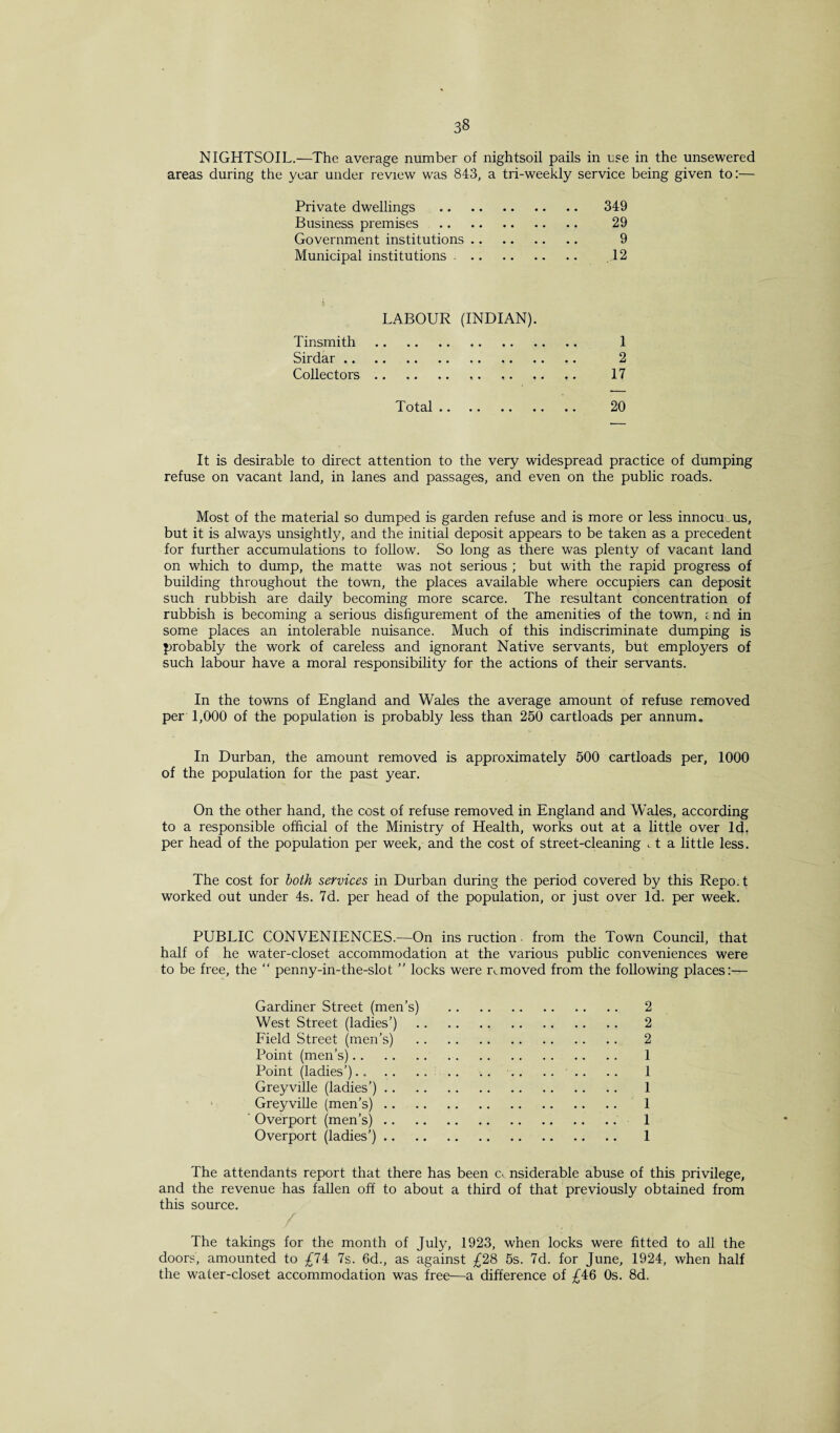 3§ NIGHTSOIL.—The average number of nightsoil pails in use in the unsewered areas during the year under review was 843, a tri-weekly service being given to:— Private dwellings . 349 Business premises . 29 Government institutions. 9 Municipal institutions .. 12 LABOUR (INDIAN). Tinsmith. 1 Sirdar. 2 Collectors. 17 Total. 20 It is desirable to direct attention to the very widespread practice of dumping refuse on vacant land, in lanes and passages, and even on the public roads. Most of the material so dumped is garden refuse and is more or less innocu us, but it is always unsightly, and the initial deposit appears to be taken as a precedent for further accumulations to follow. So long as there was plenty of vacant land on which to dump, the matte was not serious ; but with the rapid progress of building throughout the town, the places available where occupiers can deposit such rubbish are daily becoming more scarce. The resultant concentration of rubbish is becoming a serious disfigurement of the amenities of the town, :na in some places an intolerable nuisance. Much of this indiscriminate dumping is probably the work of careless and ignorant Native servants, but employers of such labour have a moral responsibility for the actions of their servants. In the towns of England and Wales the average amount of refuse removed per 1,000 of the population is probably less than 250 cartloads per annum. In Durban, the amount removed is approximately 500 cartloads per, 1000 of the population for the past year. On the other hand, the cost of refuse removed in England and Wales, according to a responsible official of the Ministry of Health, works out at a little over Id. per head of the population per week, and the cost of street-cleaning 11 a little less. The cost for both services in Durban during the period covered by this Repo, t worked out under 4s. 7d. per head of the population, or just over Id. per week. PUBLIC CONVENIENCES.—On ins ruction. from the Town Council, that half of he water-closet accommodation at the various public conveniences were to be free, the “ penny-in-the-slot ” locks were removed from the following places:— Gardiner Street (men’s) . 2 West Street (ladies’). 2 Field Street (men’s) . 2 Point (men’s).. .. 1 Point (ladies’).. .. .... 1 Greyville (ladies’). 1 Greyville (men’s). 1 ' Overport (men’s). 1 Overport (ladies’). 1 The attendants report that there has been c<_ nsiderable abuse of this privilege, and the revenue has fallen off to about a third of that previously obtained from this source. The takings for the month of July, 1923, when locks were fitted to all the doors, amounted to £74 7s. 6d., as against £28 5s. 7d. for June, 1924, when half the water-closet accommodation was free—a difference of £46 0s. 8d.