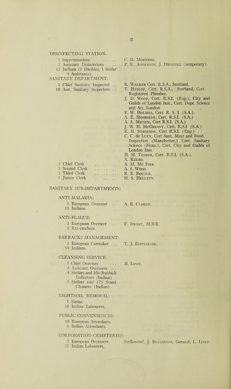 DISINFECTING STATION. 1 Superintendant 2 Assistant Disinfectors 12 Indians (2 Dhobies, 1 Sirdar 9 Assistants). SANITARY DEPARTMENT: 1 Chief Sanitary Inspector . . 10 Asst. Sanitary Inspectors . . 1 Chief Clerk 1 Second Clerk 1 Third Clerk 1 Junior Clerk C. D. Morning. P. W. Anderson, J. Driscoll (temporary). R. Walker Cert. R.S.A., Scotland. T. PIyslop, Cert. R.S.A., Scotland, Cert. Registered Plumber. J. D. Wood, Cert. R.S.I. (Eng.), City and Guilds of London Inst., Cert. Dept. Science and Art, London. F. W. Holmes, Cert. R. S. I. (S.A.). A. E. Moorman, Cert. R.S.I. (S.A.) A. A. Michie, Cert R.S.I. (S.A.) j. W. H. McGreavy, Cert. R.S.I. (S.A.) E. H. Surgeson, Cert R.S.I. (Eng.) C. C. de Lucy, Cert Sant. Meat and Food. Inspection (Manchester,) Cert. Sanitary Science (Hons.), Cert. City/ and Guilds of London Inst. H. M. Tedder, Cert. R.S.I. (S.A.). A. Kelso. A. M. Me Tver. A. S. Wood. R. E. Boutle, H. S. Hellett. SANITARY SUB-DEPARTMENTS: ANTI-MALARIA: 1 European Overseer . . A. E. Clarke. 15 Indians. ANTI-PLAGUE: 1 European Overseer . . F. Drake, M.B.E. 2 Rat-catchers. BARRACKS MANAGEMENT: 1 European Caretaker . , T. J. Espitalier. 14 Indians. CLEANSING SERVICE: 1 Chief Overseer . . H. Lowe. 4 Assistant Overseers 4 Sirdars and 106 Rubbish Collectors (Indian) 5 Sirdars and 175 Street Cleaners (Indian). NIGHTSOIL REMOVAL: 1 Sirdar. 18 Indian Labourers. PUBLIC CONVENIENCES: 10 European Attendants. 6 Indian Attendants. CORPORATION CEMETERIES: 2 European Overseers Stellawood, J. Bullough, General, L. Lowe 23 Indian Labourers,