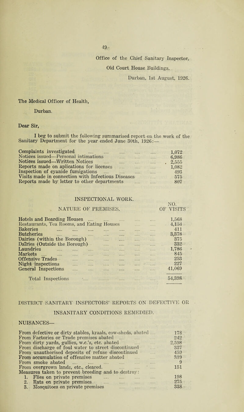 Office of the Chief Sanitary Inspector, Old Court House Buildings. Durban, 1st August, 1926. The Medical Officer of Health, Durban. Dear Sir, I beg to submit the following summarised report on the work of the Sanitary Department for the year ended June 30th, 1926:— Complaints investigated . 1,072 Notices issued—Personal intimations . 6,986 Notices issued—Written Notices . , 2,555 Reports made on aplications for licenses .. 1,082 Inspection of cyanide fumigations . 493 Visits made in connection with Infectious Diseases 575 Reports made by letter to other departments . 807 INSPECTIONAL WORK. NO. NATURE OF PREMISES. OF VISITS Hotels and Boarding Houses . 1,568 Restaurants, Tea Rooms, and Eating Houses 4,154 Bakeries 411 Butcheries . 3,378 Dairies (within the Borough) 375 DaTries (Outside the Borough) . 332 Laundries . 1,786 Markets . 845 Offensive Trades . 253 Night inspections . 227 General Inspections . 41,069 Total Inspections \. 54,398 DISTRICT SANITARY INSPECTORS’ REPORTS ON DEFECTIVE OR INSANITARY CONDITIONS REMEDIED. NUISANCES— From defective or dirty stables, kraals, cow-sheds, abated 178 From Factories or Trade premises abated .... .... 242 From dirty yards, gullies, w.c.’s, etc. abated ..... 2,598 From discharge of foul water to street discontinued 337 From unauthorised deposits of refuse discontinued 459 From accumulation of offensive matter abated 319 From smoke abated . 9 From overgrown lands, etc., cleared. . 151 Measures taken to prevent breeding and to destroy: 1. Flies on private premises —. 198 2. Rats on private premises 275 3. Mosquitoes on private premises .... . 338