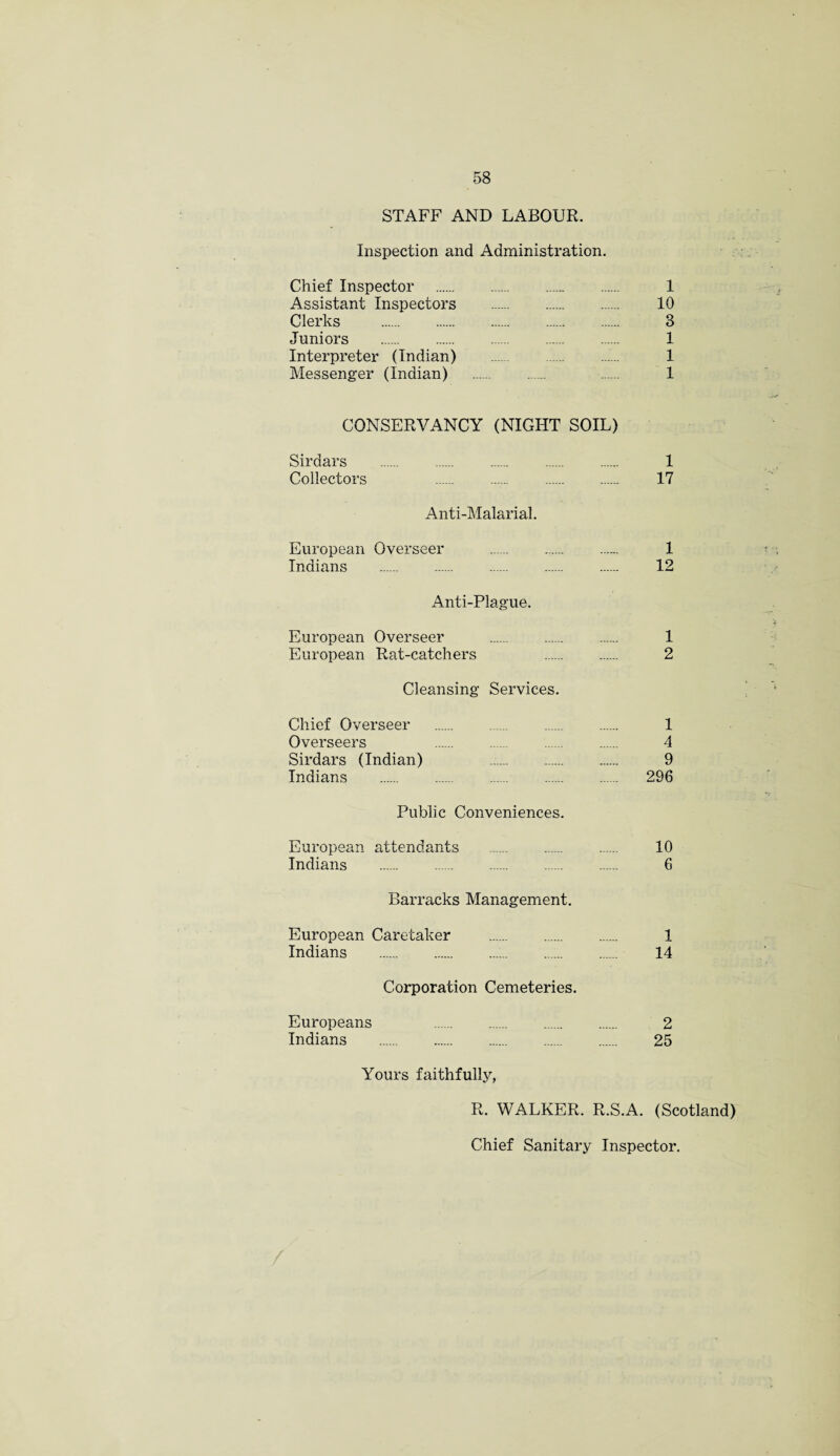 STAFF AND LABOUR. Inspection and Administration. Chief Inspector . 1 Assistant Inspectors . 10 Clerks . 3 Juniors . 1 Interpreter (Indian) . 1 Messenger (Indian) . ...... 1 CONSERVANCY (NIGHT SOIL) Sirdars . 1 Collectors 17 Anti-Malarial. European Overseer . 1 Indians . 12 Anti-Plague. European Overseer . 1 European Rat-catchers 2 Cleansing Services. Chief Overseer . ...... . 1 Overseers . . ...... . 4 Sirdars (Indian) 9 Indians . 296 Public Conveniences. European attendants . 10 Indians . 6 Barracks Management. European Caretaker . 1 Indians . 14 Corporation Cemeteries. Europeans 2 Indians . 25 Yours faithfully, R. WALKER. R.S.A. (Scotland) Chief Sanitary Inspector.