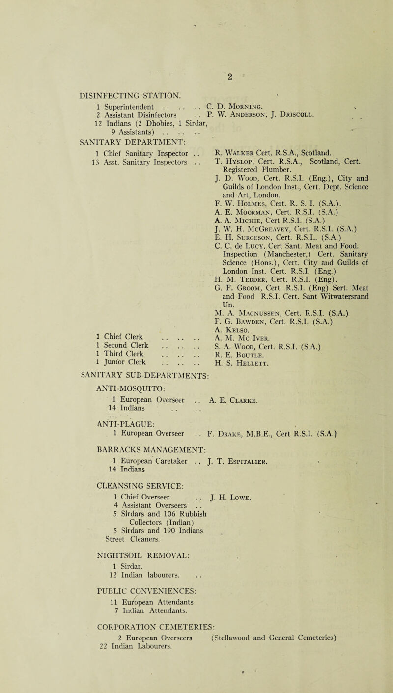 DISINFECTING STATION. 1 Superintendent.C. D. Morning. 2 Assistant Disinfectors . . P. W. Anderson, J. Driscoll. 12 Indians (2 Dhobies, 1 Sirdar, 9 Assistants). SANITARY DEPARTMENT: 1 Chief Sanitary Inspector . . 13 Asst. Sanitary Inspectors . . 1 Chief Clerk 1 Second Clerk 1 Third Clerk 1 Junior Clerk R. Walker Cert. R.S.A., Scotland. T. Hyslop, Cert. R.S.A., Scotland, Cert. Registered Plumber. J. D. Wood, Cert. R.S.I. (Eng.), City and Guilds of London Inst., Cert. Dept. Science and Art, London. F. W. Holmes, Cert. R. S. I. (S.A.). A. E. Moorman, Cert. R.S.I. (S.A.) A. A. Michie, Cert R.S.I. (S.A.) J. W. H. McGreavey, Cert. R.S.I. (S.A.) E. H. Surgeson, Cert. R.S.I.. (S.A.) C. C. de Lucy, Cert Sant. Meat and Food. Inspection (Manchester,) Cert. Sanitary Science (Hons.), Cert. City and Guilds of London Inst. Cert. R.S.I. (Eng.) H. M. Tedder, Cert. R.S.I. (Eng). G. F. Groom, Cert. R.S.I. (Eng) Sert. Meat and Food R.S.I. Cert. Sant Witwatersrand Un. M. A. Magnussen, Cert. R.S.I. (S.A.) F. G. Bawden, Cert. R.S.I. (S.A.) A. Kelso. A. M. Me Iver. S. A. Wood, Cert. R.S.I. (S.A.) R. E. Boutle. H. S. Hellett. SANITARY SUB-DEPARTMENTS: ANTI-MOSQUITO: 1 European Overseer . . A. E. Clarke. 14 Indians ANTI-PLAGUE: 1 European Overseer .. F. Drake, M.B.E., Cert R.S.I. (S.A.) BARRACKS MANAGEMENT: 1 European Caretaker , . J. T. Espitai.ier. 14 Indians CLEANSING SERVICE: 1 Chief Overseer . . J. H. Lowe. 4 Assistant Overseers 5 Sirdars and 106 Rubbish Collectors (Indian) 5 Sirdars and 190 Indians Street Cleaners. NIGHTSOIL REMOVAL: 1 Sirdar. 12 Indian labourers. PUBLIC CONVENIENCES: 11 European Attendants 7 Indian Attendants. CORPORATION CEMETERIES: 2 European Overseers (Stellawood and General Cemeteries) 22 Indian Labourers.