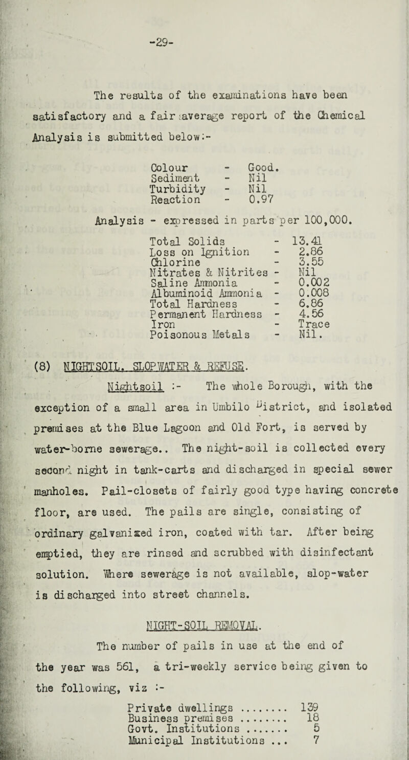 -29- The results of the examinations have been satisfactory and a fair-average report of the Chemical Analysis is submitted below:- Colour - Good. Sediment - Nil Turbidity - Nil Analysis - expressed in parts per 100,000. Total Solids - 13.41 Loss on Ignition - 2.86 Chlorine - 3.55 Nitrates & Nitrites - Nil Saline Arrmonia - 0.002 Album no id Ammonia - 0.008 Total Hardness - 6.86 Permanent Hardness - 4.56 Iron - Trace Poisonous Metals - Nil. (8) nigh Night soil The whole Borough, with the t exception of a small area in Umbilo district, and Isolated premises at the Blue Lagoon and Old Fort, is served by water-borne sewerage.. The night-soil is collected every second night in tank-carts and discharged in special sewer manholes. Pail-closets of fairly good type having concrete floor, ar© used. The pails are single, consisting of ' ordinary galvanised iron, coated with tar. After being I emptied, they are rinsed and scrubbed with disinfectant solution, lie re sewerage is not available, slop-water * is discharged into street channels. NIGHT-SOIL REMOYAL. The number of pails in use at the end of the year was 561, a tri-weekly service being given to the following, vis Private dwellings . 139 Business premises . 18 Govt. Institutions . 5
