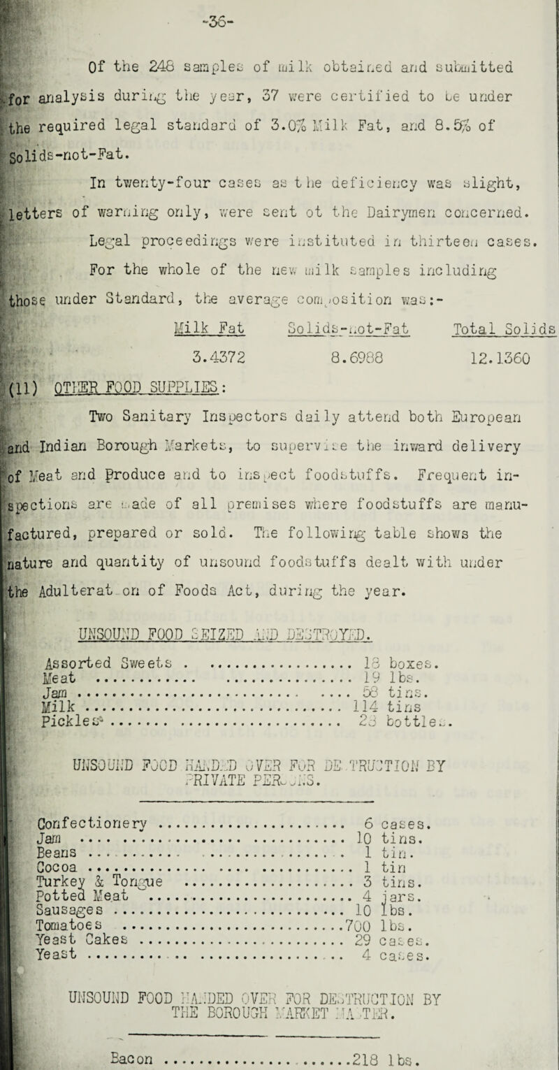 -36- Of the 248 samples of milk obtained and submitted Wfc ... .for analysis during the year, 37 were certified to Le under the required legal standard of 3.0% Milk Fat, and 8.5% of Solids-not-Fat. In twenty-four cases as the deficiency was slight, letters of warning only, were sent ot the Dairymen concerned. Legal proceedings were instituted in thirteen cases. For the whole of the new milk samples including those under Standard, the average composition was:- MilkFat Solids-rot-Fat Total Solids 3.4372 8.6988 12.1360 (11) OTHER FOOD SUPPLIES: Two Sanitary Inspectors daily attend both European land Indian Borough Markets, to supervise the inward delivery of Meat and Produce and to inspect foodstuffs. Frequent in¬ spections are made of all premises where foodstuffs are manu¬ factured, prepared or sold. The following table shows the nature and quantity of unsound foodstuffs dealt with under the Adulterat on of Foods Act, during the year. 1 UNSOUND FOOD k El ZED .h;D DESTROYED. Assorted Sweets. 18 boxes. Meat . 19 lbs. Jam. 53 tins. Milk. 114 tins Pickles-. 23 bottle-. UNSOUND FOOD HANDED OVER FOR DE TRUETION BY PRIVATE PERIL'S. Confectionery . 6 cases. Jam . 10 tins. Beans . .... . 1 tin. Cocoa.. 1 tin Turkey & Tongue . 3 tins. Potted Meat ^. 4 jars. Sausages . 10 lbs. Tomatoes .700 lbs. Yeast Cakes . 29 cases. Yeast. .. 4 cases. UNSOUND FOOD HANDED OVER FOR DESTRUCTION BY THE BOROUGH MARKET MATTER. Bac on 218 lbs.