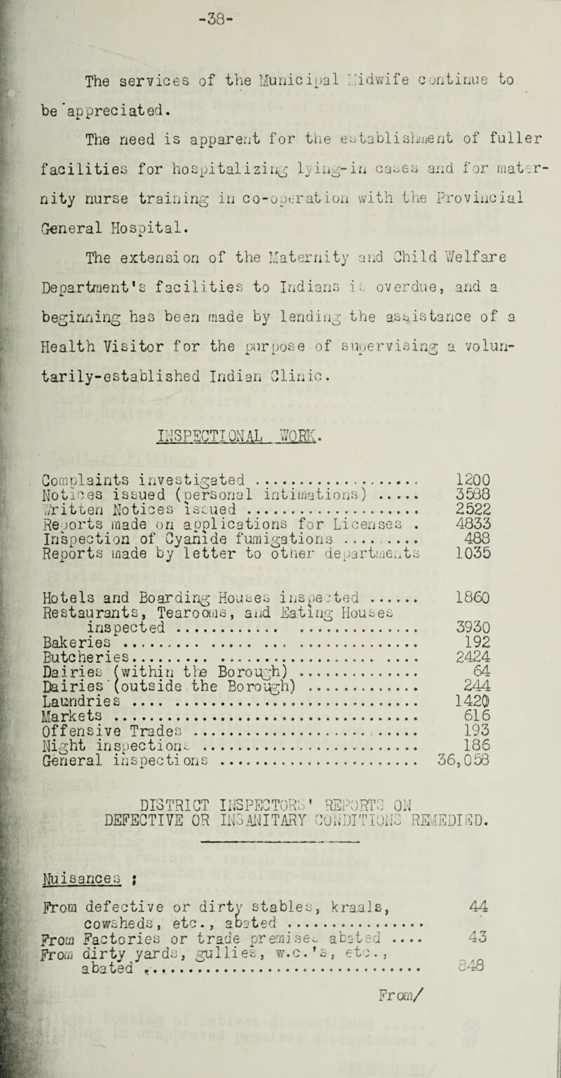 -38- The services of the Municipal Midwife continue to be 'appreciated. The need is apparent for the establishment of fuller facilities for hospitalizing lying-in cases and for mater¬ nity nurse training in co-operation with the Provincial General Hospital. The extension of the Maternity and Child Welfare Department's facilities to Indians is overdue, and a beginning has been made by lending the assistance of a Health Visitor for the purpose of supervising a volun¬ tarily-established Indian Clinic. IPS PHOT IONAL WORK. Complaints investigated . .. 1200 Notices issued (personal intimations) . 3538 Written Notices issued . 2522 Reports made on applications for Licenses . 4833 Inspection of Cyanide fumigations ........ 488 Reports made by letter to other departments 1035 Hotels and Boarding Houses inspected . I860 Restaurants, Tearooms, and Eating Houses inspected. 3930 Bakeries . 192 Butcheries. 2424 Da iries (within the Borough) . 64 Dairies‘(outside the Borough) . 244 Laundries . 1420 Markets . 616 Offensive Trades . 193 Night inspection-. 186 General inspections . 36,058 DISTRICT INSPECTORS' REPORTS ON DEFECTIVE OR INSANITARY CONDITIONS REMEDIED. Nuisances j From defective or dirty stables, kraals, 44 cowsheds, etc., abated . From Factories or trade premise- abated .... 43 From dirty yards, gullies, w.c.'s, etc., abated .. 848 From/