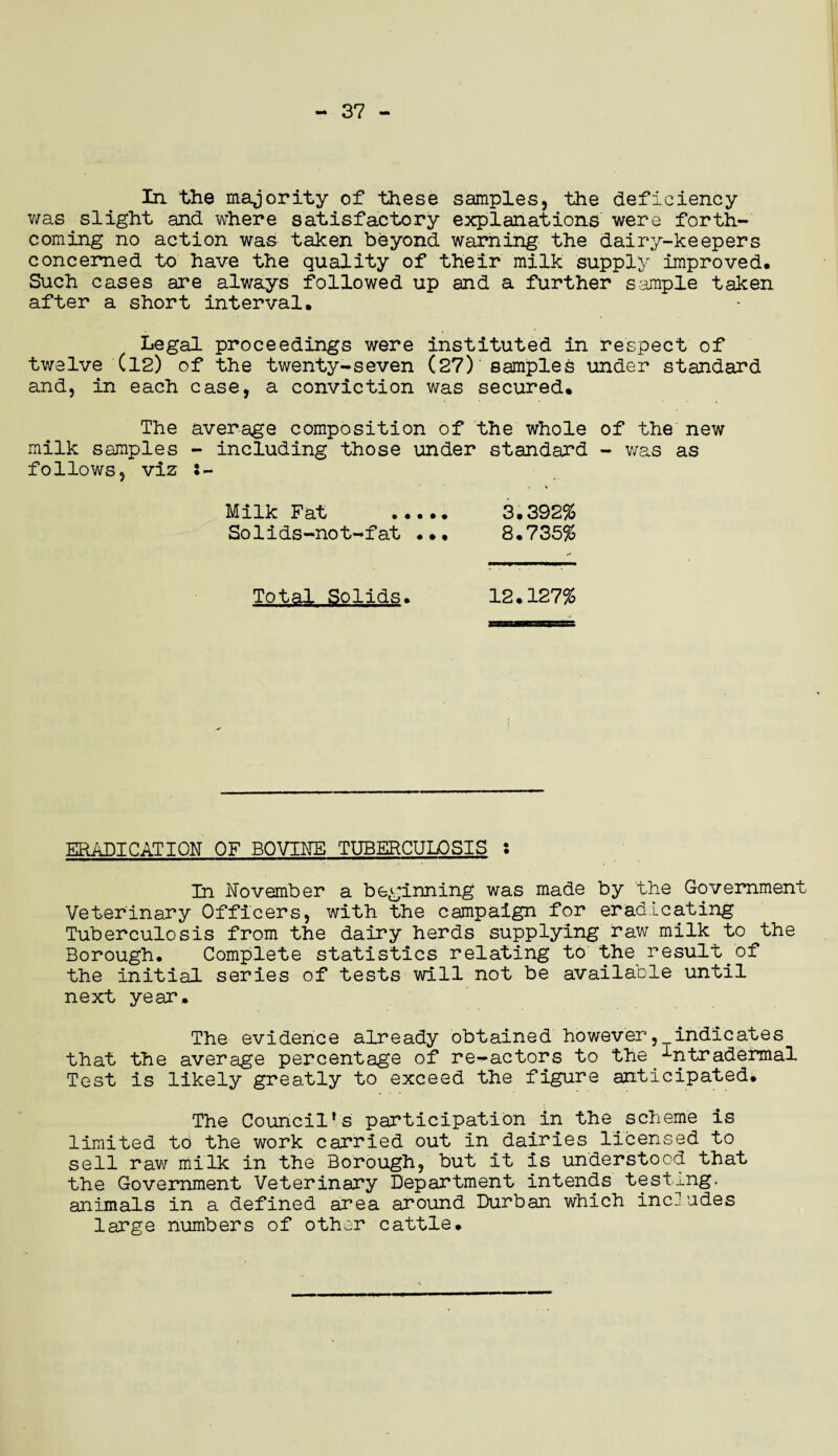 37 In the majority of these samples, the deficiency was slight and where satisfactory explanations were forth¬ coming no action was taken beyond warning the dairy-keepers concerned to have the quality of their milk supply improved. Such cases are always followed up and a further sample taken after a short interval. Legal proceedings were instituted in respect of twelve (12) of the twenty-seven (27) samples under standard and, in each case, a conviction was secured. The average composition of the whole of the new milk samples - including those under standard - was as follows, viz Milk Fat . Solids-not-fat .•. Total Solids. 3.392% 8.735% 12.127% ERADICATION OF BOVINE TUBERCULOSIS : In November a beginning was made by the Government Veterinary Officers, with the campaign for eradicating Tuberculosis from the dairy herds supplying raw milk to the Borough. Complete statistics relating to the result.of the initial series of tests will not be available until next year. The evidence already obtained however, indicates that the average percentage of re-actors to the ^ntradermal Test is likely greatly to exceed the figure anticipated. The Council's participation in the.scheme is limited to the work carried out In dairies licensed to sell raw milk in the Borough, but it is understood that the Government Veterinary Department intends testing, animals in a defined area around Durban which includes large numbers of other cattle.