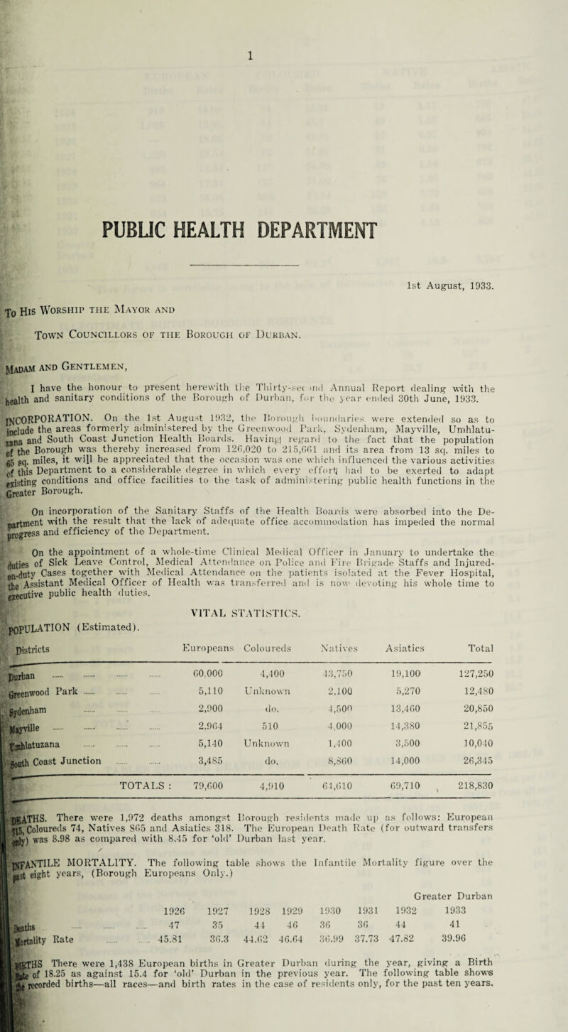 1 PUBLIC HEALTH DEPARTMENT To His Worship the Mayor and Town Councillors of the Borough of Durban. 1st August, 1933. Madam and Gentlemen, I have the honour to present herewith the Thirty-sec >nd Annual Report dealing with the health and sanitary conditions of the Borough of Durban, for the year ended 30th June, 1933. fhJCORPOBATION. On the 1st August 1932, the Borough boundaries were extended so as to include the areas formerly administered by the Greenwood Park, Sydenham, Mayville, Umhlatu- iBtia and South Coast Junction Health Boards. Having! regard to the fact that the population of the Borough was thereby increased from 120,020 to 215,001 and its area from 13 sq. miles to sq. miles, it will be appreciated that the occasion was one which influenced the various activities of this Department to a considerable degree in which every effort^ had to be exerted to adapt existing conditions and office facilities to the task of administering public health functions in the Greater Borough. On incorporation of the Sanitary Staffs of the Health Boards were absorbed into the De¬ partment with the result that the lack of adequate office accommodation has impeded the normal progress and efficiency of the Department. On the appointment of a whole-time Clinical Medical Officer in January to undertake the duties of Sick Leave Control, Medical Attendance on Police and Fire Brigade Staffs and Injured- pn-duty Cases together with Medical Attendance on the patients isolated at the Fever Hospital, ,i,e Assistant Medical Officer of Health was transferred and is now devoting his whole time to executive public health duties. VITAL STATISTICS. POPULATION (Estimated). Districts Hjfflfc&n greenwood Park am m f»blatuzana b gouth Coast Junction f TOTALS iuropeans Coloureds Natives Asiatics Total GO. 000 4,400 43,750 19,100 127,250 5,110 Unknown 2,100 5,270 12,480 2,900 do. 4,500 13,460 20,850 2,964 510 4.000 14,380 21,855 5,140 Unknown 1,400 3,500 10,040 3,485 do. 8,860 14,000 26,345 79,600 4,910 64,610 69,710 v 218,830 deaths. There were 1,972 deaths amongst Borough residents made up as follows: European ,«5,Coloureds 74, Natives 8f>5 and Asiatics 318. The European Death Rate (for outward transfers ^gjy) was 8.98 as compared with 8.45 for ‘old’ Durban last year. / IXFAN’TILE MORTALITY. The following table shows the Infantile Mortality figure over the pist eight years, (Borough Europeans Only.) 1926 1927 1928 1929 1930 1931 Greater Durban 1932 1933 47 35 44 46 36 36 44 41 45.81 36.3 44.62 46.64 36.99 37.73 47.82 39.96 Deaths . Mortality Rate I tJRTHS There were 1,438 European births in Greater Durban during the year, giving a Birth K of 18.25 as against 15.4 for ‘old’ Durban in the previous year. The following table shows ‘ | recorded births—all races—and birth rates in the case of residents only, for the past ten years.