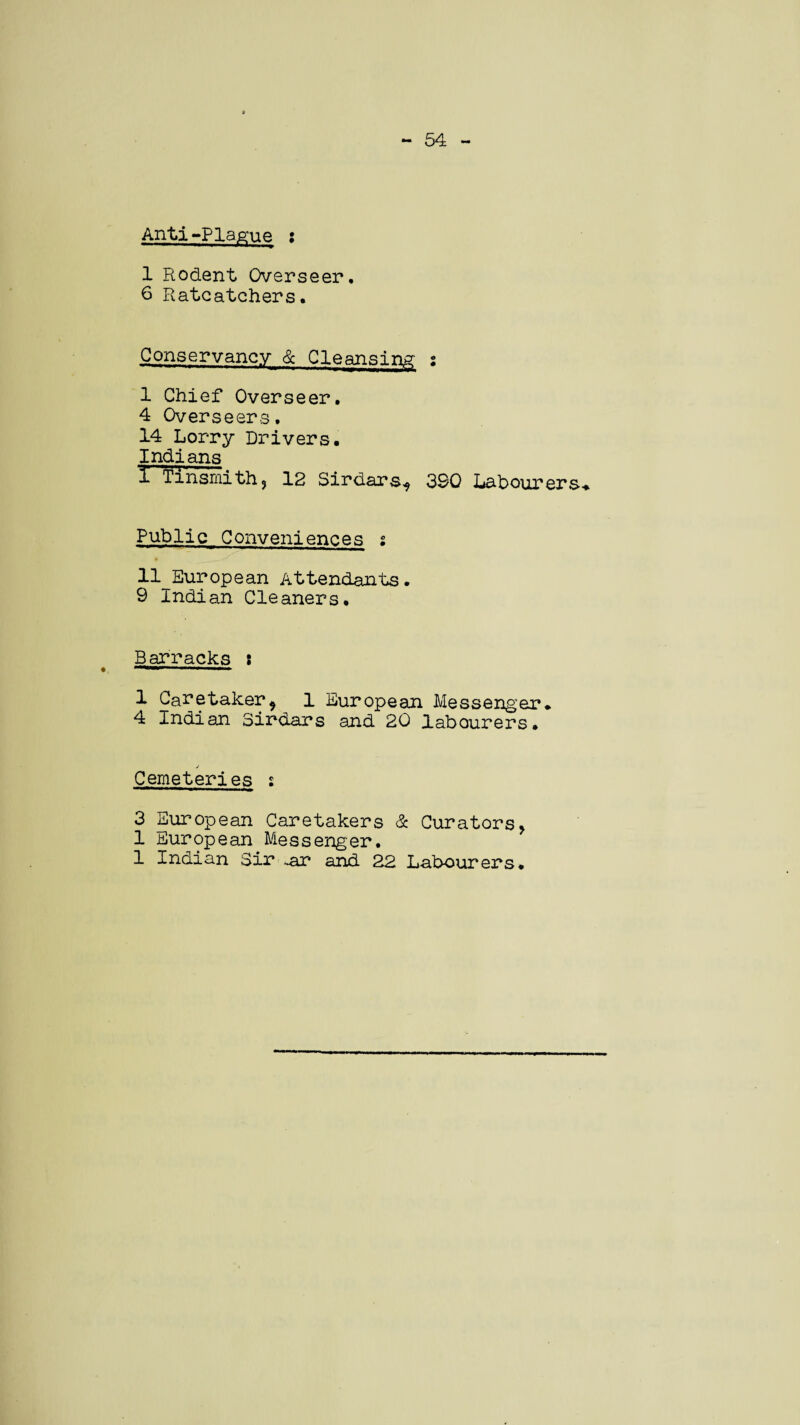 Anti-Plague : 1 Rodent Overseer, 6 Ratcatchers. Conservancy & Cleansing' : 1 Chief Overseer. 4 Overseers. 14 Lorry Drivers. Indians i Tinsmith, 12 Sirdars, 390 Labourers* Public Conveniences s 11 European Attendants. 9 Indian Cleaners. Barracks s 1 Caretaker* 1 European Messenger** 4 Indian Sirdars and 20 labourers. Cemeteries s 3 European Caretakers & Curators, 1 European Messenger. 1 Indian Sir ~ar and 22 Labourers.