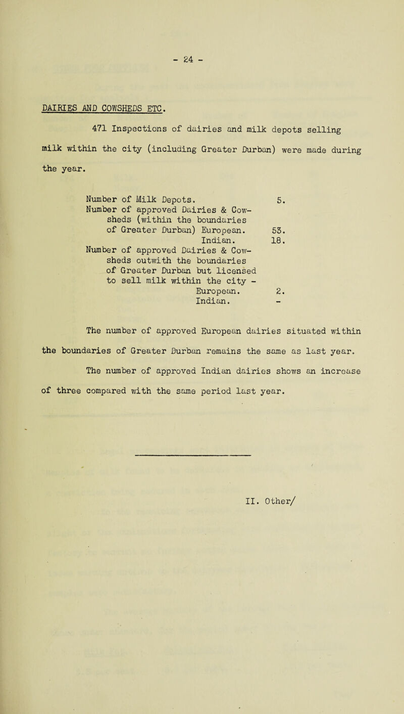 - 24 - DAIRIES AND COWSHEDS ETC. 471 Inspections of dairies and milk depots selling milk within the city (including Greater Durban) were made during the year. Number of Milk Depots. 5. Number of approved Dairies & Cow¬ sheds (within the boundaries of Greater Durban) European. 53. Indian. 18. Number of approved Dairies & Cow¬ sheds outwith the boundaries of Greater Durban but licensed to sell milk within the city - European. 2. Indian. The number of approved European dairies situated within the boundaries of Greater Durban remains the same as last year. The number of approved Indian dairies shows an increase of three compared with the same period last year.