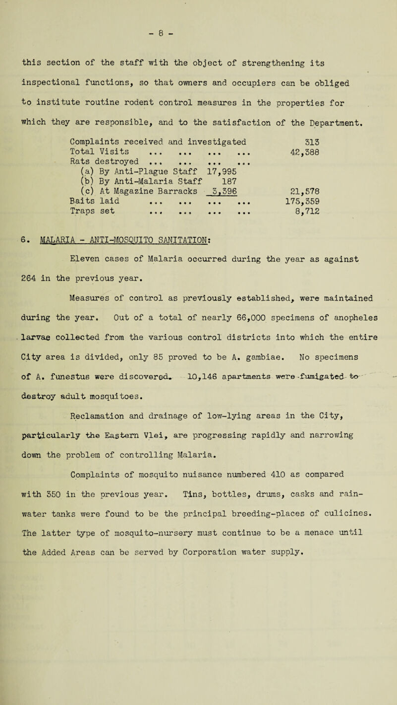 - 8 - this section of the staff with the object of strengthening its inspectional functions, so that owners and occupiers can be obliged to institute routine rodent control measures in the properties for which they are responsible, and to the satisfaction of the Department. Complaints received and investigated Total Visits .. Rats destroyed ... (a) By Anti-PIague Staff 17,995 (b) By Anti-Malaria Staff 187 (c) At Magazine Barracks 5,596 Baits laid ... *o. ... Traps set ... ... .. 515 42,588 21,578 175,359 8,712 6. MALARIA - ANTI-MOSQUITO SANITATION: Eleven cases of Malaria occurred during the year as against 264 in the previous year. Measures of control as previously established, were maintained during the year. Out of a total of nearly 66,000 specimens of anopheles larvae collected from the various control districts into which the entire City area is divided, only 85 proved to be A. gambiae. No specimens of A. funestus were discovered*- 10,146 apartments were-fumigated to- destroy adult mosquitoes. Reclamation and drainage of low-lying areas in the City, particularly the Eastern Vlei, are progressing rapidly and narrowing down the problem of controlling Malaria. Complaints of mosquito nuisance numbered 410 as compared with 350 in the previous year. Tins, bottles, drums, casks and rain¬ water tanks were found to be the principal breeding-places of culicines. The latter type of mosquito-nursery must continue to be a menace until the Added Areas can be served by Corporation water supply.
