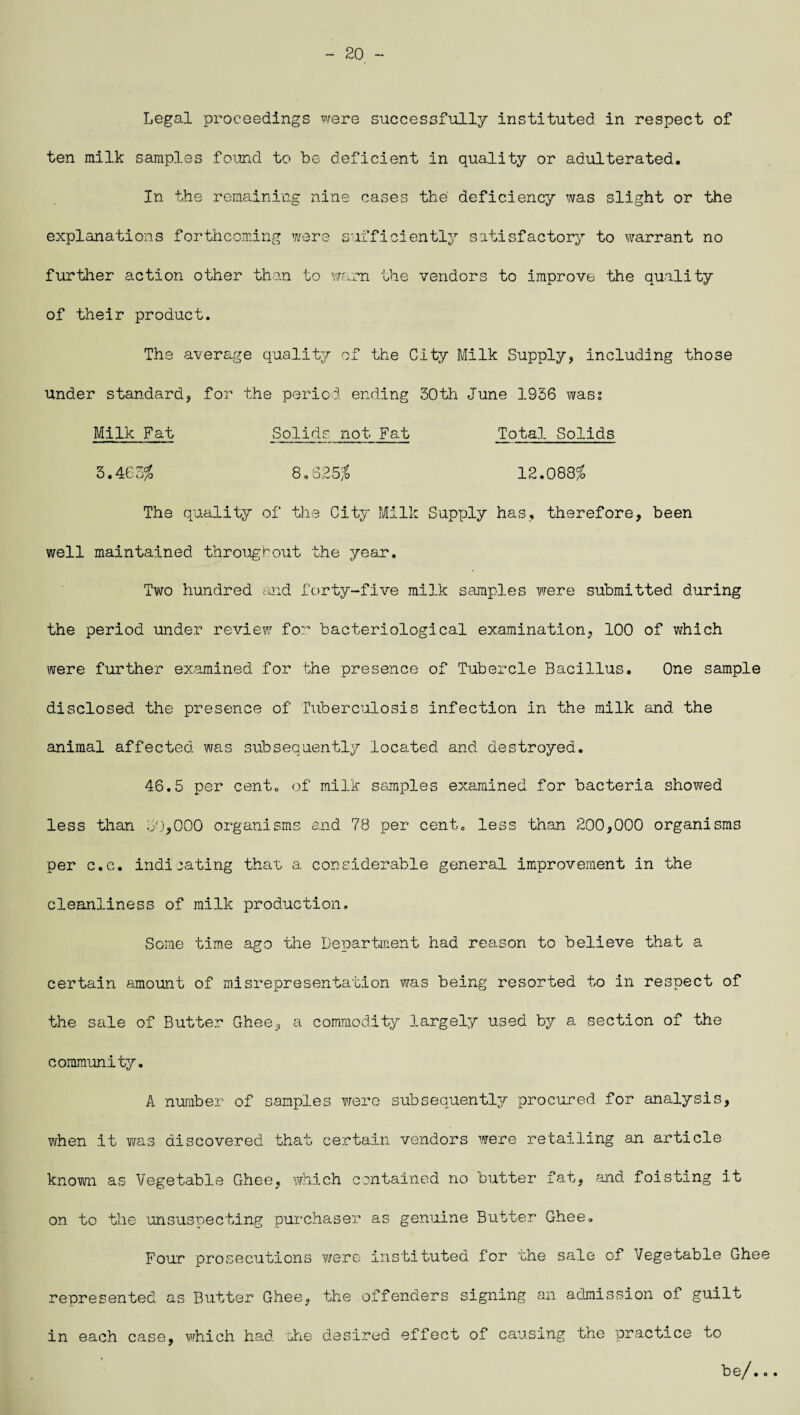 - 20 - Legal proceedings were successfully instituted in respect of ten milk samples found to be deficient in quality or adulterated. In the remaining nine cases the deficiency was slight or the explanations forthcoming were sufficiently satisfactory to warrant no further action other than to warn the vendors to improve the quality of their product. The average quality of the City Milk Supply, including those under standard, for the period ending 30th June 1936 was; Milk Fat Solids not Fat Total Solids 3.465$ 8,625$ 12.088$ The quality of the City Milk Supply has, therefore, been well maintained throughout the year. Two hundred and forty-five milk samples were submitted during the period under review for bacteriological examination, 100 of which were further examined for the presence of Tubercle Bacillus. One sample disclosed the presence of Tuberculosis infection in the milk and the animal affected was subsequently located and destroyed. 46.5 per cent, of milk samples examined for bacteria showed less than 30,000 organisms and 78 per cent, less than 200,000 organisms per c.c. indicating that a considerable general improvement in the cleanliness of milk production. Some time ago the Department had reason to believe that a certain amount of misrepresentation was being resorted to in respect of the sale of Butter Ghee, a commodity largely used by a section of the community. A number of samples were subsequently procured for analysis, when it was discovered that certain vendors were retailing an article known as Vegetable Ghee, which contained no butter fat, and foisting it on to the unsuspecting purchaser as genuine Butter Ghee. Four prosecutions were instituted for the sale of Vegetable Ghee represented as Butter Ghee, the offenders signing an admission of guilt in each case, which had the desired effect of causing the practice to be/...