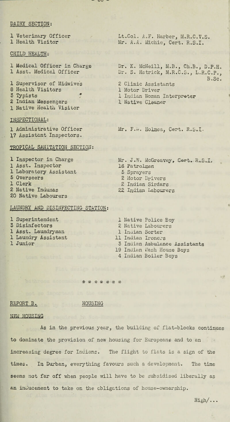 DAIRY SECTION: 1 Veterinary Officer 1 Health Visitor CHILD HEALTH: 1 Medical Officer in Charge 1 Asst. Medical Officer 1 Supervisor of Midwive’s 8 Health Visitors 3 Typists * 2 Indian Messengers 1 Native Health Visitor INSPECTIQNAL: 1 Administrative Officer 17 Assistant Inspectors. TROPICAL SANITATION SECTION: 1 Inspector in Charge 1 Asst. Inspector 1 Laboratory Assistant 5 Overseers 1 Clerk 2 Native Indunas 20 Native Labourers LAUNDRY AND DISINFECTING STATION: Lt.Col. A.F. Harber, M.R.C.V.S. Mr. A.A, Michie, Cert. R.S.I, Dr. K. McNeill, M.D., Ch.B., D.P.H. Dr. S. Hetrick, M.R.C.S., L.R.C.P., B .Sc. 2 Clinic Assistants 1 Motor Driver 1 Indian Woman Interpreter 1 Native Cleaner Mr. Fid. Holmes, Cert. R.S.I' Mr. J.W. McGreavey, Cert. R.S<JL 16 Patrolmen 5 Sprayers 2 Motor Drivers 2 Indian Sirdars 22 Indian Labourers 1 Superintendent 3 Disinfectors 1 Asst. Laundryman 1 Laundry Assistant 1 Junior 1 Native Police Boy 2 Native Labourers 1 Indian Sorter 11 Indian Ironers 3 Indian Ambulance Assistants 19 Indian Wash House Boys 4 Indian Boiler Boys * * * * * REPORT B. HOUSING HEH HOUSING As in the previous year, the building of flat-blocks continues to dominate the provision of new housing for Europeans and to an increasing degree for Indians. The flight to flats is a sign of the times. In Durban, everything favours such a development. The time seems not far off when people will have to be subsidised liberally as an inducement to take on the obligations of house-ownership. High/...