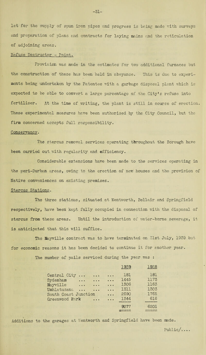 -31- let for the supply of spun iron pipes and progress is being made with surveys and preparation of plans and contracts for laying mains and the reticulation of adjoining areas. Refuse Destructor - Point. Provision was made in the estimates for two additional furnaces but the construction of these has been held in abeyance. This is due to experi¬ ments being undertaken by the Patentee with a garbage disposal plant which is expected to be able to convert a large percentage of the City’s refuse into fertiliser. At the time of writing, the plant is still in course of erection. These experimental measures have been authorised by the City Council, but the firm concerned accepts full responsibility. Conservancy. The stercus removal services operating throughout the Borough have been carried out with regularity and efficiency. Considerable extensions have been ms.de to the services operating in the peri-Durban areas, owing to the erection of new' houses and the provision of Native conveniences on existing premises. Stercus Stations. The three stations, situated at Wentworth, Bellair and Springfield respectively, have been kept fully occupied in connection with the disposal of stercus from these areas. Until the introduction of water-borne sewerage, it is anticipated that this will suffice. The Mayville contract was to have terminated on 51st July, 1939 but for economic reasons it has been decided to continue it for another year. The number of pails serviced during the year was : 1939 1938 Central City ... • * • 181 181 Sydenham • • « ... 1445 1173 Mayville • • • 1306 1163 Umhlatusana • » • 1311 1303 South Coast Junction 2690 1765 Greenwood Park • • • 1344 616 9277 6201 Additions to the garages at Wentworth and Springfield have been made. Public/....