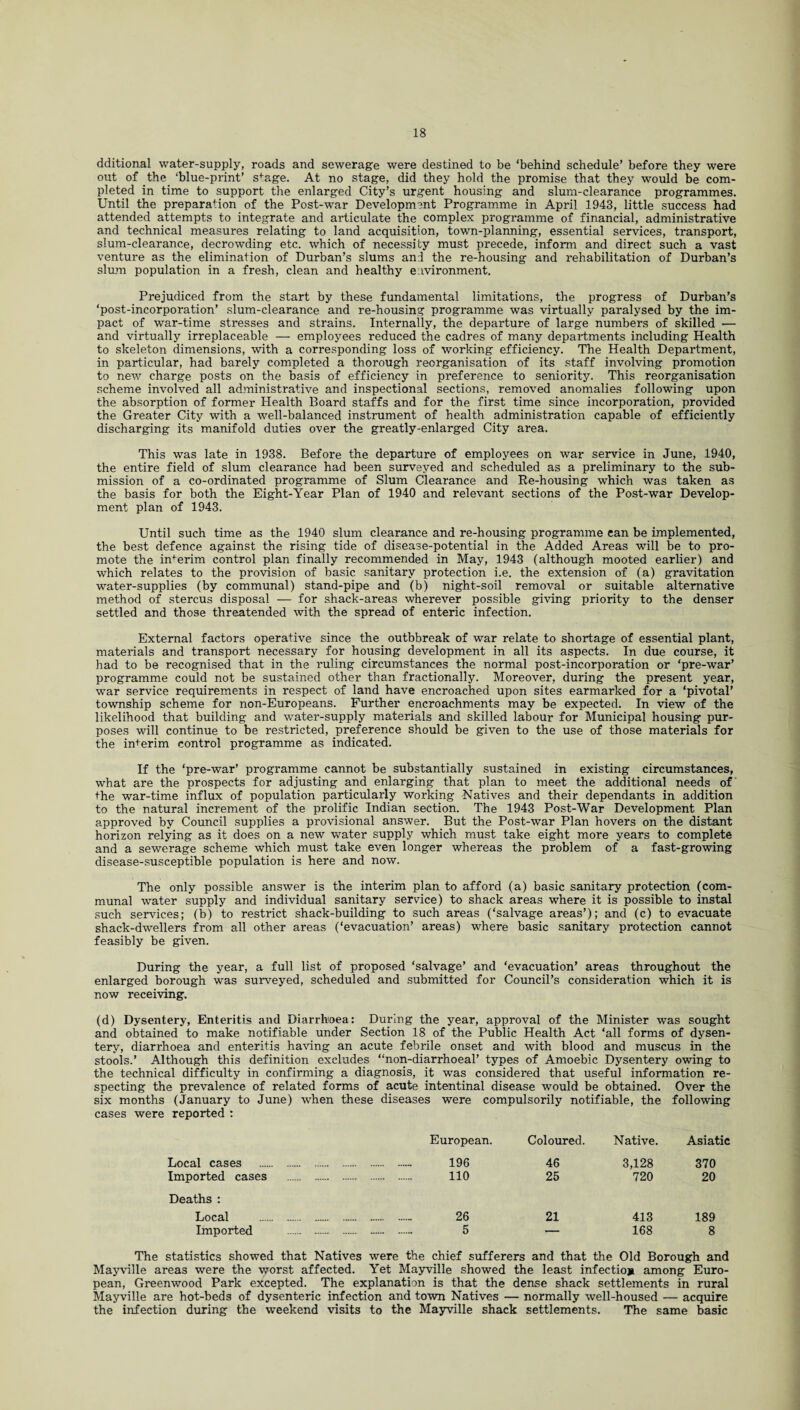 dditional water-supply, roads and sewerage were destined to be ‘behind schedule’ before they were out of the ‘blue-print’ sfage. At no stage, did they hold the promise that they would be com¬ pleted in time to support the enlarged City’s urgent housing and slum-clearance programmes. Until the preparation of the Post-war Development Programme in April 1943, little success had attended attempts to integrate and articulate the complex programme of financial, administrative and technical measures relating to land acquisition, town-planning, essential services, transport, slum-clearance, decrowding etc. which of necessity must precede, inform and direct such a vast venture as the elimination of Durban’s slums and the re-housing and rehabilitation of Durban’s slum population in a fresh, clean and healthy environment. Prejudiced from the start by these fundamental limitations, the progress of Durban’s ‘post-incorporation’ slum-clearance and re-housing programme was virtually paralysed by the im¬ pact of war-time stresses and strains. Internally, the departure of large numbers of skilled -— and virtually irreplaceable — employees reduced the cadres of many departments including Health to skeleton dimensions, with a corresponding loss of working efficiency. The Health Department, in particular, had barely completed a thorough reorganisation of its staff involving promotion to new charge posts on the basis of efficiency in preference to seniority. This reorganisation scheme involved all administrative and inspectional sections, removed anomalies following upon the absorption of former Health Board staffs and for the first time since incorporation, provided the Greater City with a well-balanced instrument of health administration capable of efficiently discharging its manifold duties over the greatly-enlarged City area. This was late in 1938. Before the departure of employees on war service in June, 1940, the entire field of slum clearance had been surveyed and scheduled as a preliminary to the sub¬ mission of a co-ordinated programme of Slum Clearance and Re-housing which was taken as the basis for both the Eight-Year Plan of 1940 and relevant sections of the Post-war Develop¬ ment plan of 1943. Until such time as the 1940 slum clearance and re-housing programme can be implemented, the best defence against the rising tide of disease-potential in the Added Areas will be to pro¬ mote the inferim control plan finally recommended in May, 1943 (although mooted earlier) and which relates to the provision of basic sanitary protection i.e. the extension of (a) gravitation water-supplies (by communal) stand-pipe and (b) night-soil removal or suitable alternative method of stercus disposal — for shack-areas wherever possible giving priority to the denser settled and those threatended with the spread of enteric infection. External factors operative since the outbbreak of war relate to shortage of essential plant, materials and transport necessary for housing development in all its aspects. In due course, it had to be recognised that in the ruling circumstances the normal post-incorporation or ‘pre-war’ programme could not be sustained other than fractionally. Moreover, during the present year, war service requirements in respect of land have encroached upon sites earmarked for a ‘pivotal’ township scheme for non-Europeans. Further encroachments may be expected. In view of the likelihood that building and water-supply materials and skilled labour for Municipal housing pur¬ poses will continue to be restricted, preference should be given to the use of those materials for the interim control programme as indicated. If the ‘pre-war’ programme cannot be substantially sustained in existing circumstances, what are the prospects for adjusting and enlarging that plan to meet the additional needs of the war-time influx of population particularly working Natives and their dependants in addition to the natural increment of the prolific Indian section. The 1943 Post-War Development Plan approved by Council supplies a provisional answer. But the Post-war Plan hovers on the distant horizon relying as it does on a new water supply which must take eight more years to complete and a sewerage scheme which must take even longer whereas the problem of a fast-growing disease-susceptible population is here and now. The only possible answer is the interim plan to afford (a) basic sanitary protection (com¬ munal water supply and individual sanitary service) to shack areas where it is possible to instal such services; (b) to restrict shack-building to such areas (‘salvage areas’); and (c) to evacuate shack-dwellers from all other areas (‘evacuation’ areas) where basic sanitary protection cannot feasibly be given. During the year, a full list of proposed ‘salvage’ and ‘evacuation’ areas throughout the enlarged borough was surveyed, scheduled and submitted for Council’s consideration which it is now receiving. (d) Dysentery, Enteritis and Diarrhoea: During the year, approval of the Minister was sought and obtained to make notifiable under Section 18 of the Public Health Act ‘all forms of dysen¬ tery, diarrhoea and enteritis having an acute febrile onset and with blood and muscus in the stools.’ Although this definition excludes “non-diarrhoeal’ types of Amoebic Dysentery owing to the technical difficulty in confirming a diagnosis, it was considered that useful information re¬ specting the prevalence of related forms of acute intentinal disease would be obtained. Over the six months (January to June) when these diseases were compulsorily notifiable, the following cases were reported : European. Coloured. Native. Asiatic Local cases . . 196 46 3,128 370 Imported cases . Deaths : . 110 25 720 20 Local . . 26 21 413 189 Imported . . 5 — 168 8 The statistics showed that Natives were the chief sufferers and that the Old Borough and Mayville areas were the worst affected. Yet Mayville showed the least infection among Euro¬ pean, Greenwood Park excepted. The explanation is that the dense shack settlements in rural Mayville are hot-beds of dysenteric infection and town Natives — normally well-housed — acquire the infection during the weekend visits to the Mayville shack settlements. The same basic