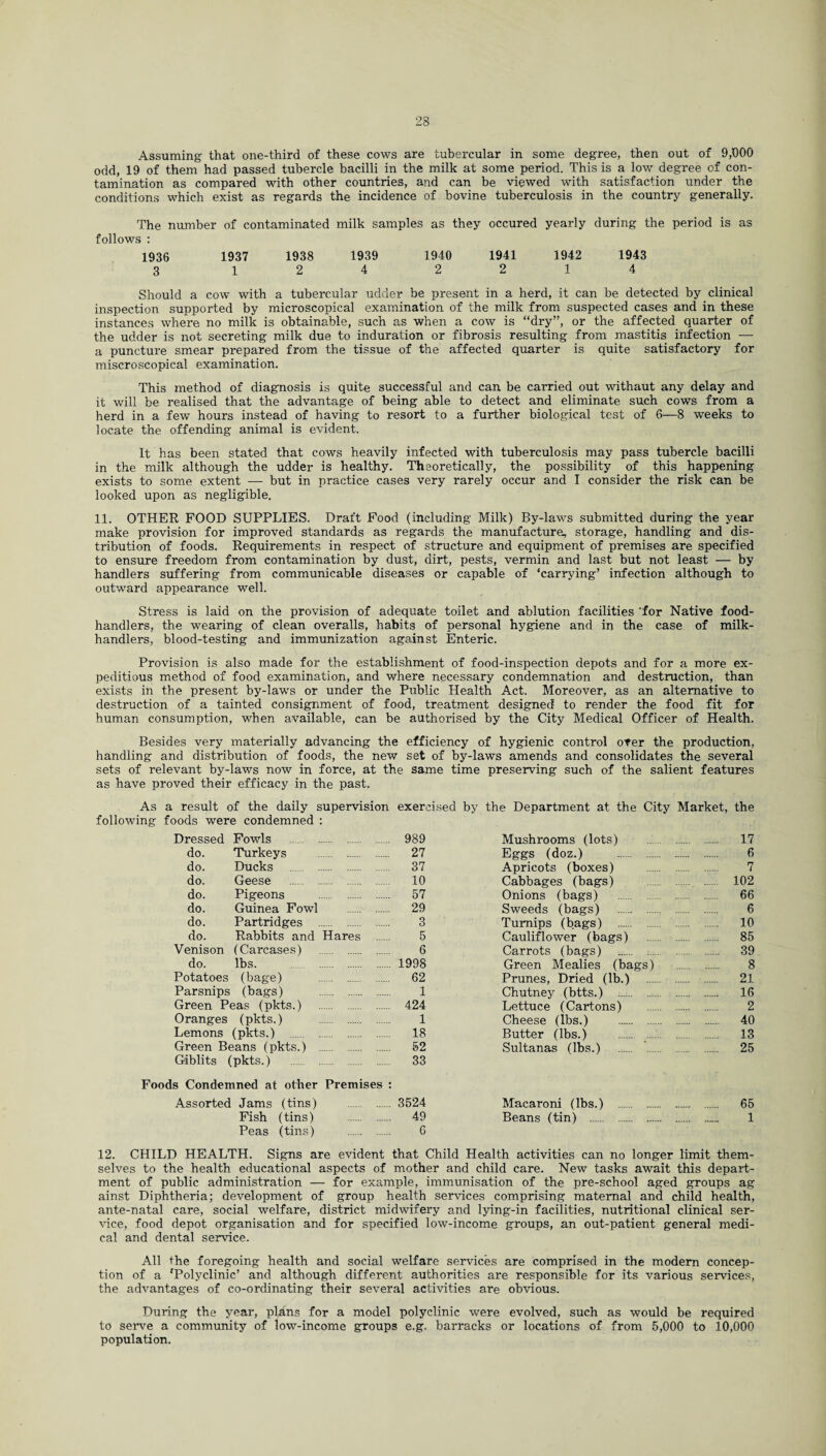 Assuming that one-third of these cows are tubercular in some degree, then out of 9,000 odd, 19 of them had passed tubercle bacilli in the milk at some period. This is a low degree of con¬ tamination as compared with other countries, and can be viewed with satisfaction under the conditions which exist as regards the incidence of bovine tuberculosis in the country generally. The number of contaminated milk samples as they occured yearly during the period is as follows : 1936 1937 1938 1939 1940 1941 1942 1943 3 124 2214 Should a cow with a tubercular udder be present in a herd, it can be detected by clinical inspection supported by microscopical examination of the milk from suspected cases and in these instances where no milk is obtainable, such as when a cow is “dry”, or the affected, quarter of the udder is not secreting milk due to induration or fibrosis resulting from mastitis infection — a puncture smear prepared from the tissue of the affected quarter is quite satisfactory for miscroscopical examination. This method of diagnosis is quite successful and can be carried out withaut any delay and it will be realised that the advantage of being able to detect and eliminate such cows from a herd in a few hours instead of having to resort to a further biological test of 6—8 weeks to locate the offending animal is evident. It has been stated that cows heavily infected with tuberculosis may pass tubercle bacilli in the milk although the udder is healthy. Theoretically, the possibility of this happening exists to some extent — but in practice cases very rarely occur and I consider the risk can be looked upon as negligible. 11. OTHER FOOD SUPPLIES. Draft Food (including Milk) By-laws submitted during the year make provision for improved standards as regards the manufacture, storage, handling and dis¬ tribution of foods. Requirements in respect of structure and equipment of premises are specified to ensure freedom from contamination by dust, dirt, pests, vermin and last but not least — by handlers suffering from communicable diseases or capable of ‘carrying’ infection although to outward appearance well. Stress is laid on the provision of adequate toilet and ablution facilities ‘for Native food- handlers, the wearing of clean overalls, habits of personal hygiene and in the case of milk- handlers, blood-testing and immunization against Enteric. Provision is also made for the establishment of food-inspection depots and for a more ex¬ peditious method of food examination, and where necessary condemnation and destruction, than exists in the present by-laws or under the Public Health Act. Moreover, as an alternative to destruction of a tainted consignment of food, treatment designed to render the food fit for human consumption, when available, can be authorised by the City Medical Officer of Health. Besides very materially advancing the efficiency of hygienic control over the production, handling and distribution of foods, the new set of by-laws amends and consolidates the several sets of relevant by-laws now in force, at the same time preserving such of the salient features as have proved their efficacy in the past. As a result of the daily supervision exercised by the Department at the City Market, the following foods were condemned : Dressed Fowls 989 Mushrooms (lots) . . 17 do. Turkeys 27 Eggs (doz.) 6 do. Ducks 37 Apricots (boxes) . 7 do. Geese . 10 Cabbages (bags) . 102 do. Pigeons 57 Onions (bags) . 66 do. Guinea Fowl 29 Sweeds (bags) . 6 do. Partridges 3 Turnips (bags) . . 10 do. Rabbits and Hares . 5 Cauliflower (bags) . . 85 Venison (Carcases) 6 Carrots (bags) . . 39 do. lbs. 1998 Green Mealies (bags) 8 Potatoes (bage) 62 Prunes, Dried (lb.) . . 21 Parsnips (bags) 1 Chutney (btts.) . . 16 Green Peas (nkts.) 424 Lettuce (Cartons) 2 Oranges (pkts.) 1 Cheese (lbs.) . 40 Lemons (pkts.) 18 Butter (lbs.) . . 13 Green Beans (pkts.) 52 Sultanas (lbs.) . . 25 Gdblits (pkts.) . 33 Foods Condemned at other Premises : Assorted Jams (tins) 3524 Macaroni (lbs.) . . 65 Fish (tins) 49 Beans (tin) . 1 Peas (tins) 6 12. CHILD HEALTH. Signs are evident that Child Health activities can no longer limit them¬ selves to the health educational aspects of mother and child care. New tasks await this depart¬ ment of public administration — for example, immunisation of the pre-school aged groups ag ainst Diphtheria; development of group health services comprising maternal and child health, ante-natal care, social welfare, district midwifery and lying-in facilities, nutritional clinical ser¬ vice, food depot organisation and for specified low-income groups, an out-patient general medi¬ cal and dental service. All the foregoing health and social welfare services are comprised in the modern concep¬ tion of a ‘Polyclinic’ and although different authorities are responsible for its various services, the advantages of co-ordinating their several activities are obvious. During the year, plans for a model polyclinic were evolved, such as would be required to serve a community of low-income groups e.g. barracks or locations of from 5,000 to 10,000 population.