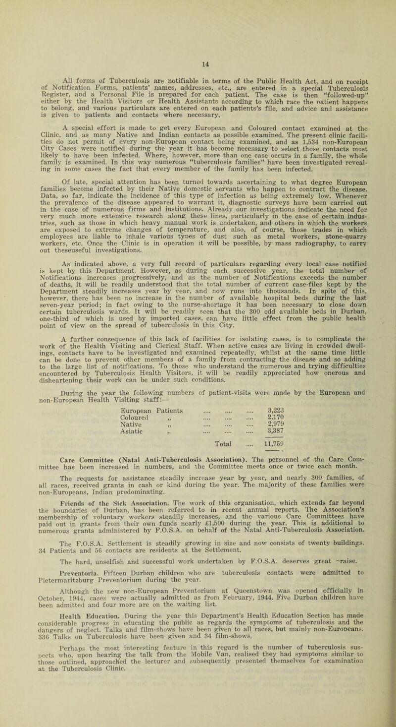 All forms of Tuberculosis are notifiable in terms of the Public Health Act, and on receipt of Notification Forms, patients’ names, addresses, etc., are entered in a special Tuberculosis Register, and a Personal File is prepared for each patient. The case is then “followed-up” either by the Health Visitors or Health Assistants according to which race the natient happens to belong, and various particulars are entered on each patients’s file, and advice and assistance is given to patients and contacts where necessary. A special effort is made to get every European and Coloured contact examined at the Clinic, and as many Native and Indian contacts as possible examined. The' present clinic facili¬ ties do not permit of every non-European contact being examined, and as 1,534 non-European City Cases were notified during the year it has become necessary to select those contacts most likely to have been infected. Where, however, more than one case occurs in a family, the whole family is examined. In this way numerous “tuberculosis families” have been investigated reveal¬ ing in some cases the fact that every member of the family has been infected. Of late, special attention has been turned towards ascertaining to what degree European families become infected by their Native domestic servants who happen to contract the disease. Data, so far, indicate the incidence of this type of infection as being extremely low. Whenever the prevalence of the disease appeared to warrant it, diagnostic surveys have been carried out in the case of numerous firms and institutions. Already our investigations indicate the need for very much more extensive research along these lines, particularly in the case of certain indus¬ tries, such as those in which heavy manual work is undertaken, and others in which the workers are exposed to extreme changes of temperature, and also, of course, those trades in which employees are liable to inhale various tynes of dust such as metal workers, stone-quarry workers, etc. Once the Clinic is in operation it will be possible, by mass radiography, to carry out theseuseful investigations. As indicated above, a very full record of particulars regarding every local case notified is kept by this Department. However, as during each successive year, the total number of Notifications increases progressively, and as the number of Notifications exceeds the number of deaths, it will be readily understood that the total number of current case-files kept by the Department steadily increases year by vear, and now runs into thousands. In spite of this, however, there has been no increase in the number of available hospital beds during the last seven-year period; in fact owing to the nurse-shortage it has been necessary to close down certain tuberculosis wards. It will be readily seen that the 300 odd available beds in Durban, one-third of which is used by imported cases, can have little effect from the public health point of view on the spread of tuberculosis in this City. A further consequence of this lack of facilities for isolating cases, is to complicate the work of the Health Visiting and Clerical Staff. When active cases are living in crowded dwell¬ ings, contacts have to be investigated and examined repeatedly, whilst at the same time little can be done to prevent other members of a family from contracting the disease and so adding to the large list of notifications. To those who understand the numerous and trying difficulties encountered by Tuberculosis Health Visitors, it will be readily appreciated how onerous and disheartening their work can be under such conditions. During the year the following numbers of patient-visits were made by the European and non-European Health Visiting staff:— European Patients .... .... 3,223 Coloured .... .... . 2.170 Native 1) .... .... 2,979 Asiatic 1) Total 3,387 ... 11,759 Care Committee (Natal Anti-Tuberculosis Association). The personnel of the Care Com¬ mittee has been increased in numbers, and the Committee meets once or twice each month. The requests for assistance steadily increase year by year, and nearly 300 families, of all races, received grants in cash or kind during the year. The majority of these families were non-Europeans, Indian predominating. Friends of the Sick Association. The work of this organisation, which extends far beyond the boundaries of Durban, has been referred to in recent annual reports. The Association’s membership of voluntary workers steadily increases, and the various Care Committees have paid out in grants from their own funds nearly £1,500 during the year. This is additional to numerous grants administered by F.O.S.A. on behalf of the Natal Anti-Tuberculosis Association. The F.O.S.A. Settlement is steadily growing in size and now consists of twenty buildings. 34 Patients and 56 contacts are residents at the Settlement. The hard, unselfish and successful work undertaken by F.O.S.A. deserves great ’-raise. Preventoria. Fifteen Durban children who are tuberculosis contacts were admitted to Pietermaritzburg Preventorium during the year. Although the new non-European Preventorium at Queenstown was opened officially in October, 1944, cases were actually admitted as from February, 1944. Five Durban children have been admitted and four more are on the waiting list. Health Education. During the year this Department’s Health Education Section has made considerable progress in educating the public as regards the symptoms of tuberculosis and the dangers of neglect. Talks and film-shows have been given to all races, but mainly non-Euroneans. 336 Talks on Tuberculosis have been given and 34 film-shows. Perhaps the most interesting feature in this regard is the number of tuberculosis sus¬ pects who, upon hearing the talk from the Mobile Van, realised they had symptoms similar to those outlined, approached the lecturer and subsequently presented themselves for examination at the Tuberculosis Clinic.