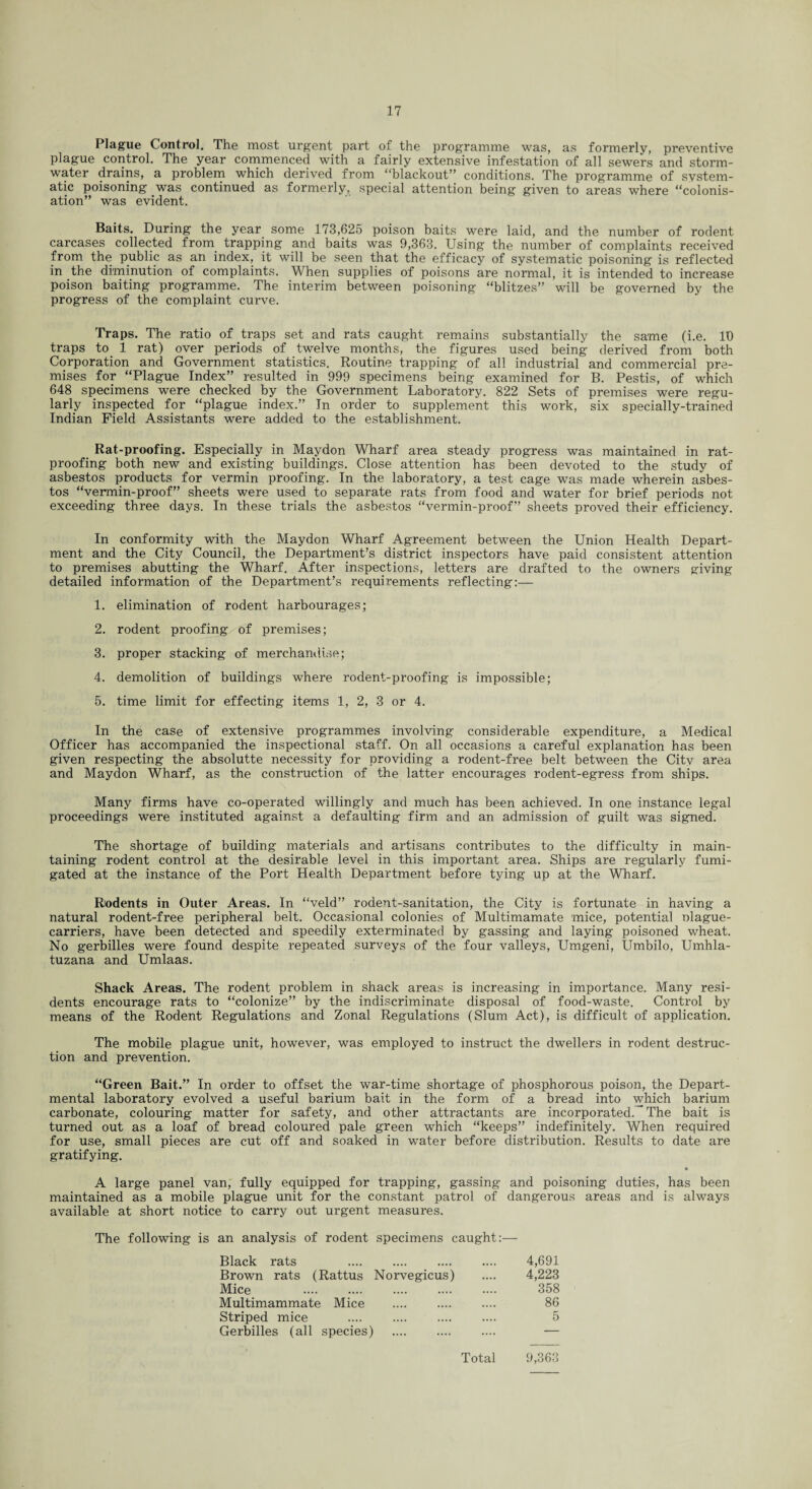 Plague Control. The most urgent part of the programme was, as formerly, preventive plague control. The year commenced with a fairly extensive infestation of all sewers and storm¬ water drains, a problem which derived from “blackout” conditions. The programme of system¬ atic poisoning was continued as formerly, special attention being given to areas where “colonis¬ ation” was evident. Baits. During the year some 173,625 poison baits were laid, and the number of rodent carcases collected from trapping and baits was 9,363. Using the number of complaints received from the public as an index, it will be seen that the efficacy of systematic poisoning is reflected in the diminution of complaints. When supplies of poisons are normal, it is intended to increase poison baiting programme. The interim between poisoning “blitzes” will be governed by the progress of the complaint curve. Traps. The ratio of traps set and rats caught remains substantially the same (i.e. ID traps to 1 rat) over periods of twelve months, the figures used being derived from both Corporation and Government statistics. Routine trapping of all industrial and commercial pre¬ mises for “Plague Index” resulted in 999 specimens being examined for B. Pestis, of which 648 specimens were checked by the Government Laboratory. 822 Sets of premises were regu¬ larly inspected for “plague index.” In order to supplement this work, six specially-trained Indian Field Assistants were added to the establishment. Rat-proofing. Especially in Maydon Wharf area steady progress was maintained in rat¬ proofing both new and existing buildings. Close attention has been devoted to the study of asbestos products for vermin proofing. In the laboratory, a test cage was made wherein asbes¬ tos “vermin-proof” sheets were used to separate rats from food and water for brief periods not exceeding three days. In these trials the asbestos “vermin-proof” sheets proved their efficiency. In conformity with the Maydon Wharf Agreement between the Union Health Depart¬ ment and the City Council, the Department’s district inspectors have paid consistent attention to premises abutting the Wharf. After inspections, letters are drafted to the owners giving detailed information of the Department’s requirements reflecting:— 1. elimination of rodent harbourages; 2. rodent proofing of premises; 3. proper stacking of merchandise; 4. demolition of buildings where rodent-proofing is impossible; 5. time limit for effecting items 1, 2, 3 or 4. In the case of extensive programmes involving considerable expenditure, a Medical Officer has accompanied the inspectional staff. On all occasions a careful explanation has been given respecting the absolutte necessity for providing a rodent-free belt between the City area and Maydon Wharf, as the construction of the latter encourages rodent-egress from ships. Many firms have co-operated willingly and much has been achieved. In one instance legal proceedings were instituted against a defaulting firm and an admission of guilt was signed. The shortage of building materials and artisans contributes to the difficulty in main¬ taining rodent control at the desirable level in this important area. Ships are regularly fumi¬ gated at the instance of the Port Health Department before tying up at the Wharf. Rodents in Outer Areas. In “veld” rodent-sanitation, the City is fortunate in having a natural rodent-free peripheral belt. Occasional colonies of Multimamate mice, potential nlague- carriers, have been detected and speedily exterminated by gassing and laying poisoned wheat. No gerbilles were found despite repeated surveys of the four valleys, Umgeni, Umbilo, Umhla- tuzana and Umlaas. Shack Areas. The rodent problem in shack areas is increasing in importance. Many resi¬ dents encourage rats to “colonize” by the indiscriminate disposal of food-waste. Control by means of the Rodent Regulations and Zonal Regulations (Slum Act), is difficult of application. The mobile plague unit, however, was employed to instruct the dwellers in rodent destruc¬ tion and prevention. “Green Bait.” In order to offset the war-time shortage of phosphorous poison, the Depart¬ mental laboratory evolved a useful barium bait in the form of a bread into which barium carbonate, colouring matter for safety, and other attractants are incorporated. The bait is turned out as a loaf of bread coloured pale green which “keeps” indefinitely. When required for use, small pieces are cut off and soaked in water before distribution. Results to date are gratifying. A large panel van, fully equipped for trapping, gassing and poisoning duties, has been maintained as a mobile plague unit for the constant patrol of dangerous areas and is always available at short notice to carry out urgent measures. The following is an analysis of rodent specimens caught:— Black rats Brown rats (Rattus Norvegicus) Mice Multimammate Mice Striped mice Gerbilles (all species) . 4,691 4,223 358 86 5 Total 9,363