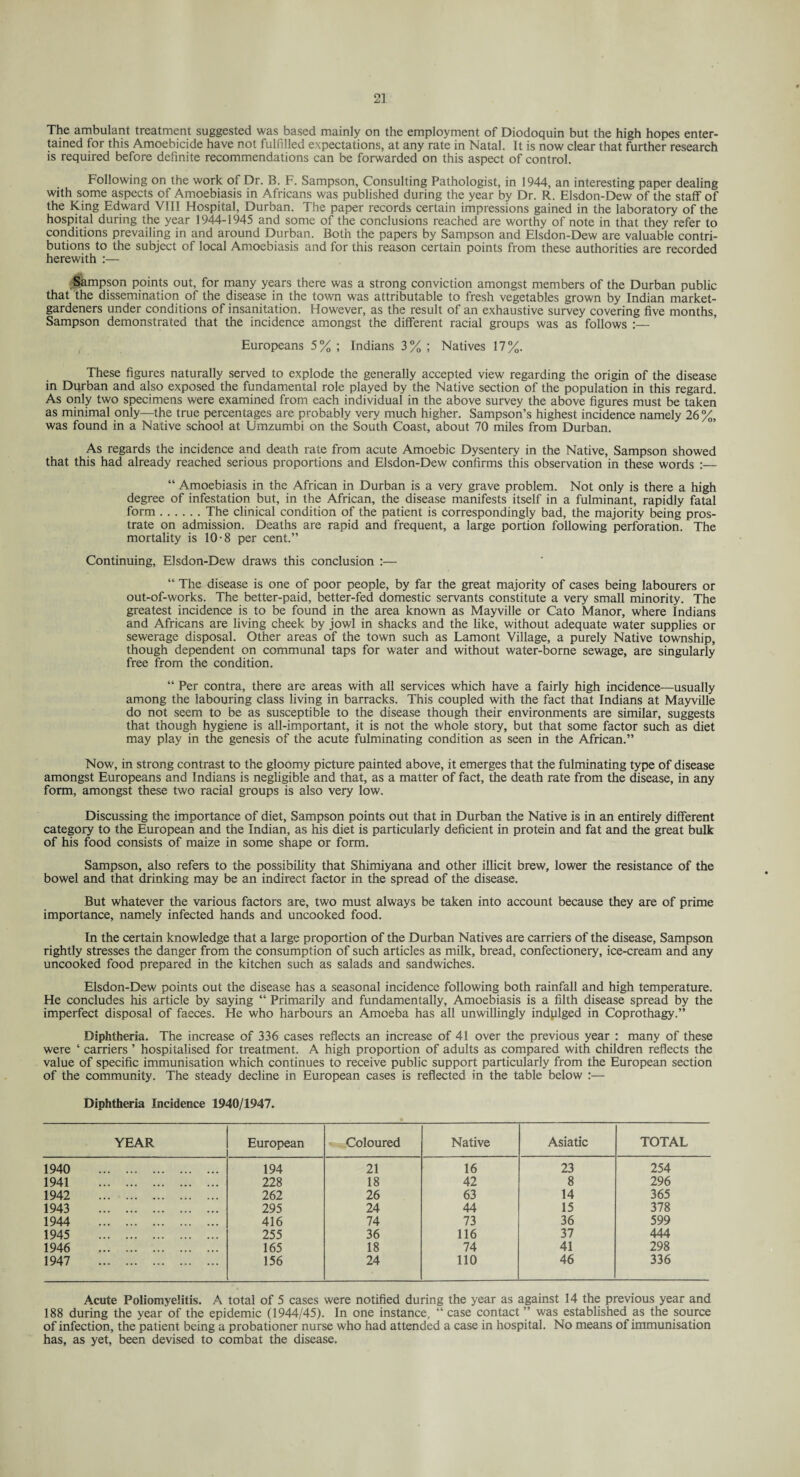 cn At J The ambulant treatment suggested was based mainly on the employment of Diodoquin but the high hopes enter¬ tained for this Amoebicide have not fulfilled expectations, at any rate in Natal. It is now clear that further research is required before definite recommendations can be forwarded on this aspect of control. Following on the work of Dr. B. F. Sampson, Consulting Pathologist, in 1944, an interesting paper dealing with some aspects of Amoebiasis in Africans was published during the year by Dr. R. Elsdon-Dew of the staff of the King Edward VIII Hospital, Durban. The paper records certain impressions gained in the laboratory of the hospital during the year 1944-1945 and some of the conclusions reached are worthy of note in that they refer to conditions prevailing in and around Durban. Both the papers by Sampson and Elsdon-Dew are valuable contri¬ butions to the subject of local Amoebiasis and for this reason certain points from these authorities are recorded herewith :— Sampson points out, for many years there was a strong conviction amongst members of the Durban public that the dissemination of the disease in the town was attributable to fresh vegetables grown by Indian market- gardeners under conditions of insanitation. However, as the result of an exhaustive survey covering five months, Sampson demonstrated that the incidence amongst the different racial groups was as follows Europeans 5% ; Indians 3% ; Natives 17%. These figures naturally served to explode the generally accepted view regarding the origin of the disease in Durban and also exposed the fundamental role played by the Native section of the population in this regard. As only two specimens were examined from each individual in the above survey the above figures must be taken as minimal only—the true percentages are probably very much higher. Sampson’s highest incidence namely 26%, was found in a Native school at Umzumbi on the South Coast, about 70 miles from Durban. As regards the incidence and death rate from acute Amoebic Dysentery in the Native, Sampson showed that this had already reached serious proportions and Elsdon-Dew confirms this observation in these words :— “ Amoebiasis in the African in Durban is a very grave problem. Not only is there a high degree of infestation but, in the African, the disease manifests itself in a fulminant, rapidly fatal form.The clinical condition of the patient is correspondingly bad, the majority being pros¬ trate on admission. Deaths are rapid and frequent, a large portion following perforation. The mortality is 10-8 per cent.” Continuing, Elsdon-Dew draws this conclusion :— “ The disease is one of poor people, by far the great majority of cases being labourers or out-of-works. The better-paid, better-fed domestic servants constitute a very small minority. The greatest incidence is to be found in the area known as Mayville or Cato Manor, where Indians and Africans are living cheek by jowl in shacks and the like, without adequate water supplies or sewerage disposal. Other areas of the town such as Lamont Village, a purely Native township, though dependent on communal taps for water and without water-borne sewage, are singularly free from the condition. “ Per contra, there are areas with all services which have a fairly high incidence—usually among the labouring class living in barracks. This coupled with the fact that Indians at Mayville do not seem to be as susceptible to the disease though their environments are similar, suggests that though hygiene is all-important, it is not the whole story, but that some factor such as diet may play in the genesis of the acute fulminating condition as seen in the African.” Now, in strong contrast to the gloomy picture painted above, it emerges that the fulminating type of disease amongst Europeans and Indians is negligible and that, as a matter of fact, the death rate from the disease, in any form, amongst these two racial groups is also very low. Discussing the importance of diet, Sampson points out that in Durban the Native is in an entirely different category to the European and the Indian, as his diet is particularly deficient in protein and fat and the great bulk of his food consists of maize in some shape or form. Sampson, also refers to the possibility that Shimiyana and other illicit brew, lower the resistance of the bowel and that drinking may be an indirect factor in the spread of the disease. But whatever the various factors are, two must always be taken into account because they are of prime importance, namely infected hands and uncooked food. In the certain knowledge that a large proportion of the Durban Natives are carriers of the disease, Sampson rightly stresses the danger from the consumption of such articles as milk, bread, confectionery, ice-cream and any uncooked food prepared in the kitchen such as salads and sandwiches. Elsdon-Dew points out the disease has a seasonal incidence following both rainfall and high temperature. He concludes his article by saying “ Primarily and fundamentally, Amoebiasis is a filth disease spread by the imperfect disposal of faeces. He who harbours an Amoeba has all unwillingly indulged in Coprothagy.” Diphtheria. The increase of 336 cases reflects an increase of 41 over the previous year : many of these were ‘ carriers ’ hospitalised for treatment. A high proportion of adults as compared with children reflects the value of specific immunisation which continues to receive public support particularly from the European section of the community. The steady decline in European cases is reflected in the table below :— Diphtheria Incidence 1940/1947. YEAR European Coloured Native Asiatic TOTAL 1940 . 194 21 16 23 254 1941 . 228 18 42 8 296 1942 . 262 26 63 14 365 1943 . 295 24 44 15 378 1944 . 416 74 73 36 599 1945 . 255 36 116 37 444 1946 . 165 18 74 41 298 1947 . 156 24 110 46 336 Acute Poliomyelitis. A total of 5 cases were notified during the year as against 14 the previous year and 188 during the year of the epidemic (1944/45). In one instance, “ case contact ” was established as the source of infection, the patient being a probationer nurse who had attended a case in hospital. No means of immunisation has, as yet, been devised to combat the disease.