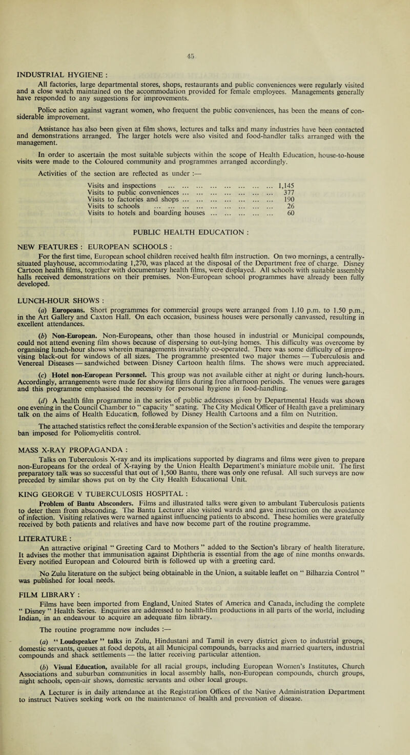 INDUSTRIAL HYGIENE : All factories, large departmental stores, shops, restaurants and public conveniences were regularly visited and a close watch maintained on the accommodation provided for female employees. Managements generally have responded to any suggestions for improvements. Police action against vagrant women, who frequent the public conveniences, has been the means of con¬ siderable improvement. Assistance has also been given at film show’s, lectures and talks and many industries have been contacted and demonstrations arranged. The larger hotels were also visited and food-handler talks arranged with the management. In order to ascertain the most suitable subjects within the scope of Health Education, house-to-house visits were made to the Coloured community and programmes arranged accordingly. Activities of the section are reflected as under :— Visits and inspections . 1,145 Visits to public conveniences. 377 Visits to factories and shops. 190 Visits to schools . 26 Visits to hotels and boarding houses . 60 PUBLIC HEALTH EDUCATION : NEW FEATURES : EUROPEAN SCHOOLS : For the first time, European school children received health film instruction. On two mornings, a centrally- situated playhouse, accommodating 1,270, was placed at the disposal of the Department free of charge. Disney Cartoon health films, together with documentary health films, were displayed. All schools with suitable assembly halls received demonstrations on their premises. Non-European school programmes have already been fully developed. LUNCH-HOUR SHOWS : (o) Europeans. Short programmes for commercial groups were arranged from 1.10 p.m. to 1.50 p.m., in the Art Gallery and Caxton Hall. On each occasion, business houses were personally canvassed, resulting in excellent attendances. (b) Non-European. Non-Europeans, other than those housed in industrial or Municipal compounds, could not attend evening film shows because of dispersing to out-lying homes. This difficulty was overcome by organising lunch-hour shows wherein managements invariably co-operated. There w as some difficulty of impro¬ vising black-out for windows of all sizes. The programme presented two major themes — Tuberculosis and Venereal Diseases — sandwiched between Disney Cartoon health films. The shows were much appreciated. (c) Hotel non-European Personnel. This group was not available either at night or during lunch-hours. Accordingly, arrangements were made for showing films during free afternoon periods. The venues were garages and this programme emphasised the necessity for personal hygiene in food-handling. (d) A health film programme in the series of public addresses given by Departmental Heads was shown one evening in the Council Chamber to “ capacity ” seating. The City Medical Officer of Health gave a preliminary talk on the aims of Health Education., followed by Disney Health Cartoons and a film on Nutrition. The attached statistics reflect the considerable expansion of the Section’s activities and despite the temporary ban imposed for Poliomyelitis control. MASS X-RAY PROPAGANDA : Talks on Tuberculosis X-ray and its implications supported by diagrams and films were given to prepare non-Europeans for the ordeal of X-raying by the Union Health Department’s miniature mobile unit. The first preparatory talk was so successful that out of 1,500 Bantu, there was only one refusal. All such surveys are now preceded by similar shows put on by the City Health Educational Unit. KING GEORGE V TUBERCULOSIS HOSPITAL : Problem of Bantu Absconders. Films and illustrated talks were given to ambulant Tuberculosis patients to deter them from absconding. The Bantu Lecturer also visited wards and gave instruction on the avoidance of infection. Visiting relatives were warned against influencing patients to abscond. These homilies were gratefully received by both patients and relatives and have now become part of the routine programme. LITERATURE : An attractive original “ Greeting Card to Mothers ” added to the Section’s library of health literature. It advises the mother that immunisation against Diphtheria is essential from the age of nine months onwards. Every notified European and Coloured birth is followed up with a greeting card. No Zulu literature on the subject being obtainable in the Union, a suitable leaflet on “ Bilharzia Control ” was published for local needs. FILM LIBRARY : Films have been imported from England, United States of America and Canada, including the complete “ Disney ” Health Series. Enquiries are addressed to health-film productions in all parts of the world, including Indian, in an endeavour to acquire an adequate film library. The routine programme now includes :— (u) “ Loudspeaker ” talks in Zulu, Hindustani and Tamil in every district given to industrial groups, domestic servants, queues at food depots, at all Municipal compounds, barracks and married quarters, industrial compounds and shack settlements — the latter receiving particular attention. (b) Visual Education, available for all racial groups, including European Women’s Institutes, Church Associations and suburban communities in local assembly halls, non-European compounds, church groups, night schools, open-air shows, domestic servants and other local groups. A Lecturer is in daily attendance at the Registration Offices of the Native Administration Department to instruct Natives seeking work on the maintenance of health and prevention of disease.