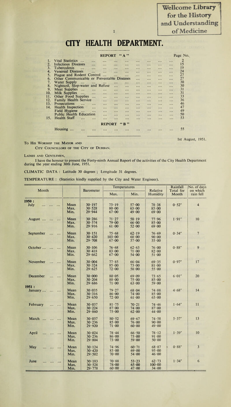 Wellcome Library for the History and Understanding CITY HEALTH DEPARTMENT. REPORT “ A ” Page No. 1. Vital Statistics. 2 2. Infectious Diseases . 15 3. Tuberculosis . 19 4. Venereal Diseases ... ... . ... ... ... 24 5. Plague and Rodent Control. 27 6. Other Communicable or Preventable Diseases . 27 7. Water Supply. 30 8. Nightsoil, Slop-water and Refuse . 30 9. Meat Supplies. 31 10. Milk Supplies. 31 11. Other Food Supplies. 33 12. Family Health Service 36 13. Prosecutions . 46 14. Health Inspection . 47 Field Hygiene. 49 Public Health Education . 50 15. Health Staff . 53 REPORT “B” Housing. 55 To His Worship the Mayor and City Councillors of the City of Durban. 1st August, 1951. Ladies and Gentlemen, I have the honour to present the Forty-ninth Annual Report of the activities of the City Health Department during the year ending 30th June, 1951. CLIMATIC DATA : Latitude 30 degrees ; Longitude 31 degrees. TEMPERATURE : (Statistics kindly supplied by the City and Water Engineer). Month Barometer Temper •atures Relative Humidity Rainfall Total for Month No. of days on which rain fell Max. Min. 1950 : July . Mean 30-197 73-19 57 00 78-38 0-52 4 Max. 30-528 80 00 63-00 85 00 Min. 29-944 67-00 49 00 69 00 August. Mean 30-286 71-27 58-19 77-96 1-91 10 Max. 30-574 79-00 66 00 85-00 Min. 29-916 61-00 52 00 69 00 September ... ... Mean 30-151 75-68 62-19 76-69 0-34 7 Max. 30-420 103-00 68-00 90 00 Min. 29-708 67 00 57-00 55 00 October. Mean 30-106 76-68 62-63 76 00 0-88 9 Max. 30-418 83-00 71 00 82 00 Min. 29-662 67 00 54 00 5100 November . Mean 30 004 77-85 66-04 69-35 0-97 17 Max. 30-324 85 00 73 00 81 00 Min. 29-625 72-00 58-00 55-00 December . Mean 30-000 80-05 69-09 73-65 601 20 Max. 30-204 88-00 75-00 85 00 Min. 29-686 71 00 63 00 59-00 1951 : January . Mean 30-035 79-27 68-04 74-88 4-68 14 Max. 30-316 86 00 74-00 85 00 Min. 29-650 72 00 61-00 65 00 February . Mean 30-037 81-75 70-21 74-46 1-64 11 Max. 30-224 87 00 74 00 87-00 Min. 29-860 75 00 62 00 44 00 March . Mean 30-037 80-52 69-67 74-58 5-37 13 Max. 30-236 85-00 76 00 90 00 Min. 29-920 71-00 60 00 49-00 April . Mean 30-024 78-44 66-50 78-12 1-39 10 Max. 30-236 86 00 73 00 91 00 Min. 29-804 73 00 59-00 50 00 May . Mean 30-124 74-96 60-71 68-87 - 0-88 3 Max. 30-420 83 00 69-00 95 00 Min. 29-502 70 00 54 00 46-00 June . Mean 30-183 70-88 53-23 62-73 1 -34 6 Max. 30-528 78-00 65 00 100-00 Min. 29-778 60 00 47 00 34 00