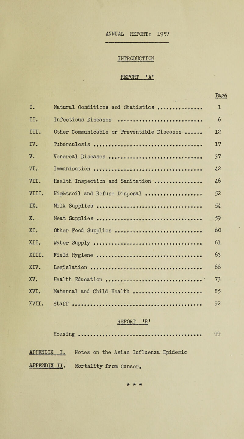 ANNUAL REPORT« 1957 INTRODUCTION REPORT *A' Page I. Natural Conditions and Statistics. 1 II. Infectious Diseases . 6 III. Other Communicable or Preventible Diseases ...... 12 IV. Tuberculosis .. 17 V. Venereal Diseases . 37 VI. Immunisation. 42 VII. Health Inspection and Sanitation. 46 VIII. Nightsoil and Refuse Disposal... 52 IX. Milk Supplies . 54 X. Meat Supplies ....*. 59 XI. Other Food Supplies. 60 XII. Water Supply ... 6l XIII. Field Hygiene. 63 XIV. Legislation..... 66 XV. Health Education ..73 XVI. Maternal and Child Health .. 85 XVII. Staff. 92 REPORT_|B» Housing. 99 APPENDIX I. Notes on the Asian Influenza Epidemic APPENDIX II. Mortality from Cancer, * * *