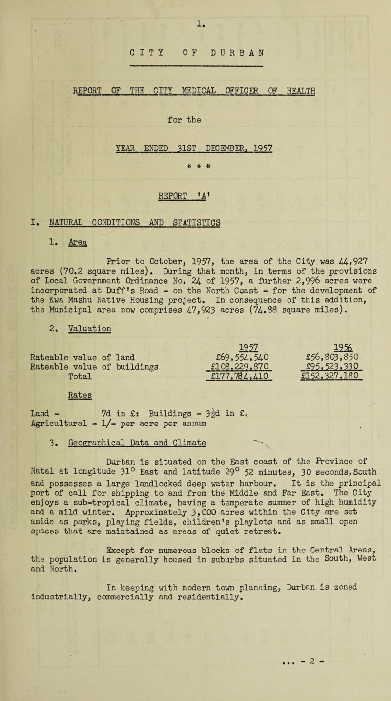 CITY OF DURBAN 1 REPORT OF THE CITY MEDICAL OFFICER OF HEALTH for the YEAR ENDED 31ST DECEMBER, 1957 # # # REPORT ’A’ 1• NATURAL CONDITIONS AND STATISTICS 1. .Area Prior to October, 1957, the area of the City was 44?927 acres (70.2 square miles). During that month, in terms of the provisions of Local Government Ordinance No. 24 of 1957, a further 2,996 acres were incorporated at Duff’s Road - on the North Coast - for the development of the Kwa Mashu Native Housing project. In consequence of this addition, the Municipal area now comprises 47,923 acres (74.SB square miles). 2. Valuation 1957 Rateable value of land £69,554?540 Rateable value of buildings £108.229.870 Total ‘£177.584.410 Rates Land - 7d in £t Buildings -.3gd in £. Agricultural - l/- per acre per annum 3. Geographical Data and Climate Durban is situated on the East coast of the Province of Natal at longitude 31° East and latitude 29° 52 minutes, 30 seconds,South and possesses a large landlocked deep water harbour. It is the principal port of call for shipping to and from the Middle and Far East. The City enjoys a sub-tropical climate, having a temperate summer of high humidity and a mild winter. Approximately 3?000 acres within the City are set aside as parks, playing fields, children’s playlots and as small open spaces that are maintained as areas of quiet retreat. Except for numerous blocks of flats in the Central Areas, the population is generally housed in suburbs situated in the South, West and North. £56,803,850 -£?.5» 523.230 £152.327.180 In keeping with modern town planning, Durban is zoned industrially, commercially and residentially. • • 9 - 2 -