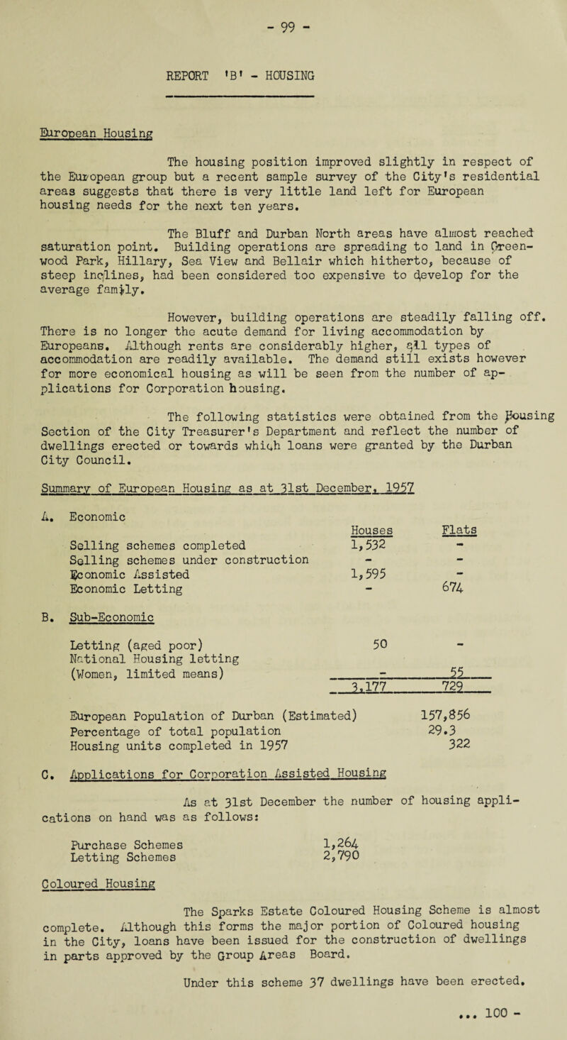 REPORT »B* - HOUSING European Housing The housing position improved slightly in respect of the European group but a recent sample survey of the CityTs residential areas suggests that there is very little land left for European housing needs for the next ten years. The Bluff and Durban North areas have almost reached saturation point. Building operations are spreading to land in Green¬ wood Park, Hillary, Sea View and Bellair which hitherto, because of steep inclines, had been considered too expensive to develop for the average family. However, building operations are steadily falling off. There is no longer the acute demand for living accommodation by Europeans. Although rents are considerably higher, all types of accommodation are readily available. The demand still exists however for more economical housing as will be seen from the number of ap¬ plications for Corporation housing. The following statistics were obtained from the Rousing Section of the City Treasurer’s Department and reflect the number of dwellings erected or towards which loans were granted by the Durban City Council. Summary of European Housing as at 31st December. 1957 A. Economic Houses Flats Selling schemes completed 1,532 - Selling schemes under construction Economic Assisted 1,595 Economic Letting - 674 B. Sub-Economic Letting (aged poor) 50 National Housing letting (Women, limited means) _-_ 55.. 3.177_729 European Population of Durban (Estimated) 157,856 Percentage of total population 29.3 Housing units completed in 1957 322 C. Applications for Corporation Assisted Housing As at 31st December the number of housing appli cations on hand was as follows: Purchase Schemes 1,264 Letting Schemes 2,790 Coloured Housing The Sparks Estate Coloured Housing Scheme is almost complete. Although this forms the major portion of Coloured housing in the City, loans have been issued for the construction of dwellings in parts approved by the Group Areas Board. Under this scheme 37 dwellings have been erected. • • # 100 -