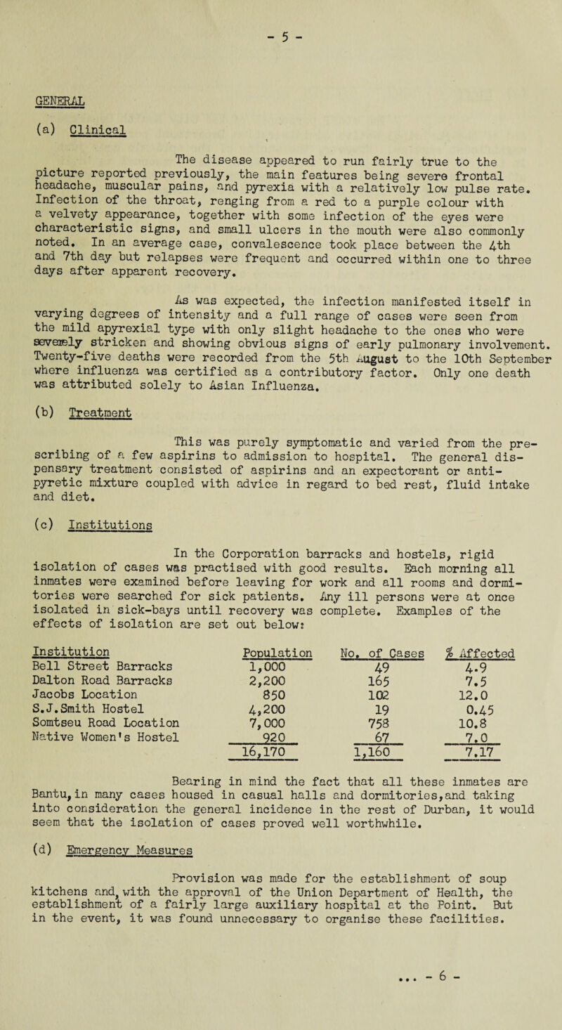 GENERAL (a) Clinical The disease appeared to run fairly true to the picture reported previously, the main features being severe frontal headache, muscular pains, and pyrexia with a relatively low pulse rate. Infection of the throat, renging from a red to a purple colour with a velvety appearance, together with some infection of the eyes were characteristic signs, and small ulcers in the mouth were also commonly noted. In an average case, convalescence took place between the 4th and 7th day but relapses were frequent and occurred within one to three days after apparent recovery. As was expected, the infection manifested itself in varying degrees of intensity and a full range of cases were seen from the mild apyrexial type with only slight headache to the ones who were seveaely stricken and showing obvious signs of early pulmonary involvement. Twenty-five deaths were recorded from the 5th august to the 10th September where influenza was certified as a contributory factor. Only one death was attributed solely to Asian Influenza. (b) Treatment This was purely symptomatic and varied from the pre scribing of a few aspirins to admission to hospital. The general dis¬ pensary treatment consisted of aspirins and an expectorant or anti¬ pyretic mixture coupled with advice in regard to bed rest, fluid intake and diet. (c) Institutions In the Corporation barracks and hostels, rigid isolation of cases was practised with good results. Each morning all inmates were examined before leaving for work and all rooms and dormi¬ tories were searched for sick patients. Any ill persons were at once isolated in sick-bays until recovery was complete. Examples of the effects of isolation are set out below? Institution Population No. of Cases % Affected Bell Street Barracks 1,000 49 4-9 Dalton Road Barracks 2,200 165 7.5 Jacobs Location 850 102 12.0 S.J.Smith Hostel 4,200 19 0.45 Somtseu Road Location 7,000 753 10.8 Native Women’s Hostel 920 67 7.0 16,170 1,160 7.17 Bearing in mind the fact that all these inmates are Bantu, in many cases housed in casual halls and dormitories,and taking into consideration the general incidence in the rest of Durban, it would seem that the isolation of cases proved well worthwhile. (d) Emergency Measures Provision was made for the establishment of soup kitchens and, with the approval of the Union Department of Health, the establishment of a fairly large auxiliary hospital at the Point. But in the event, it was found unnecessary to organise these facilities. • • • - 6 -