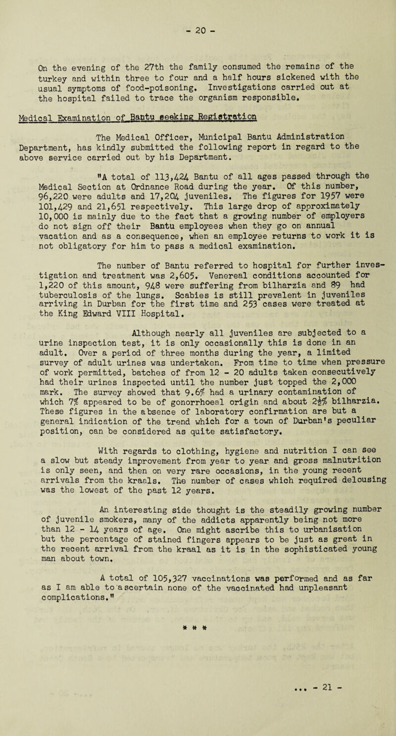 On the evening of the 27th the family consumed the remains of the turkey and within three to four and a half hours sickened with the usual symptoms of food-poisoning* Investigations carried out at the hospital failed to trace the organism responsible. Medical Examination of Bantu seeking Registration The Medical Officer, Municipal Bantu Administration Department, has kindly submitted the following report in regard to the above service carried out by his Department. ”A total of 113,424 Bantu of all ages passed through the Medical Section at Ordnance Road during the year. Of this number, 96.220 were adults and 17,204 juveniles. The figures for 1957 were 101,429 and 21,651 respectively. This large drop of approximately 10,000 is mainly due to the fact that a growing number of employers do not sign off their Bantu employees when they go on annual vacation and as a consequence, when an employee returns to work it is not obligatory for him to pass a medical examination. The number of Bantu referred to hospital for further inves¬ tigation and treatment was 2,605. Venereal conditions accounted for 1.220 of this amount, 948 were suffering from bilharzia and 89 had tuberculosis of the lungs. Scabies is still prevalent in juveniles arriving in Durban for the first time and 253 cases were treated at the King Edward VIII Hospital. Although nearly all juveniles are subjected to a urine inspection test, it is only occasionally this is done in an adult. Over a period of three months during the year, a limited survey of adult urines was undertaken. From time to time when pressure of work permitted, batches of from 12 - 20 adults taken consecutively had their urines inspected until the number just topped the 2,000 mark. The survey showed that 9.6^ had a urinary contamination of which 7% appeared to be of gonorrhoeal origin and about 2^fo bilharzia. These figures in the absence of laboratory confirmation are but a general indication of the trend which for a town of Durban’s peculiar position, can be considered as quite satisfactory. With regards to clothing, hygiene and nutrition I can see a slow but steady improvement from year to year and gross malnutrition is only seen, and then on very rare occasions, in the young recent arrivals from the kraals. The number of cases which required delousing was the lowest of the past 12 years. An interesting side thought Is the steadily growing number of juvenile smokers, many of the addicts apparently being not more than 12 - 14 years of age. One might ascribe this to urbanisation but the percentage of stained fingers appears to be just as great in the recent arrival from the kraal as it is in the sophisticated young man about town. A total of 105,327 vaccinations was performed and as far as I am able to ascertain none of the vaccinated had unpleasant complications.” * # * • • • - 21 -