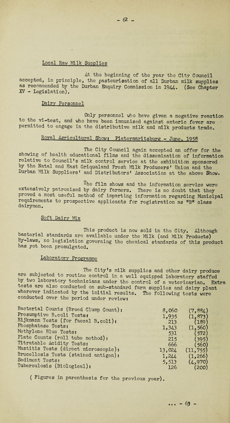 Local Raw Milk Supplies At the beginning of the year the City Council accepted, in principle, the pasteurisation of all Durban milk supplies as recommended by the Durban Enquiry Commission in 1944. (See Chapter XV - Legislation). Dairy Personnel Only personnel who have given a negative reaction to the vi-test, and who have been immunised against enteric fever are permitted to engage in the distributive milk and milk products trade. Royal Agricultural Show: Pietermaritzburg - June. 195# The City Council again accepted an offer for the showing of health educational films and the dissemination of information relative to Council’s milk control service at the exhibition sponsored by the Natal and East Griqualand Fresh Milk Producers’ Union and the Durban Milk Suppliers' and Distributors’ Association at the above Show. •^he film shows and the information service were extensively patronised by dairy farmers. There is no doubt that they proved a most useful method of imparting information regarding Municipal requirements to prospective applicants for registration as B class dairymen. Soft Dairy Mix This product is now sold in the City. Although bacterial standards are available under the Milk (and Milk Products) By-laws, no legislation governing the chemical standards of this product has yet been promulgated. Laboratory Programme The City’s milk supplies and other dairy produce are subjected to routine control in a well equipped laboratory staffed by two laboratory technicians under the control of a veterinarian. Extra tests are also conducted on sub-standard farm supplies and dairy plant wherever indicated by the initial results. The following tests were conducted over the period under review; Bacterial Counts (Breed Clump Count): Presumptive B.coli Tests; Eijkmann Tests (for faecal B.coli); Phosphatase Tests; Methylene Blue Tests; Plate Counts (roll tube method); Titratable Acidity Tests; Mastitis Tests (direct microscopic); Brucellosis Tests (stained antigen); Sediment Tests; Tuberculosis (Biological); 8,060 (7,884) 1,935 (1,873) 213 (189) 1,343 (1,560) 531 (572) 215 (395) 666 (560) 13,024 (11,755) 1,244 (1,266) 5,513 (4,970) 126 (200) ( Figures in parenthesis for the previous year). • it