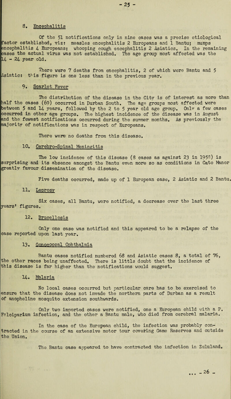 8. Encephalitis Of the 51 notifications only in nine cases was a precise etiological factor established, viz: measles encephalitis 2 Europeans and 1 Bantu; mumps encephalitis 4 Europeans; whooping cough encephalitis 2 Asiatics. In the remaining cases the actual virus was not established. The age group most affected was the 14 - 24 year old. There were 7 deaths from encephalitis, 2 of which were Bantu and 5 Asiatic: t^is figure is one less than in the previous year. 9. Scarlet Fever v The distribution of the disease in the City is of interest as more than half the cases (69) occurred in Durban South. The age groups most affected were between 5 and 14 years, followed by the 2 to 5 year old age group. Onlv a few cases occurred in other age groups. The highest incidence of the disease was in August and the fewest notifications occurred during the summer months. As previously the majority of notifications was in respect of Europeans. There were no deaths from this disease. 10. Cerebro-Spinal Meningitis The low incidence of this disease (8 cases as against 23 in 1958) is surprising and its absence amongst the Bantu even more so as conditions in Cato Manor greatly favour dissemination of the disease. Five deaths occurred, made up of 1 European case, 2 Asiatic and 2 Bantu. 11. Leprosy Six cases, all Bantu, were notified, a decrease over the last three years* figures. 12. Brucellosis Only one case was notified and this appeared to be a relapse of the case reported upon last year. 13• Gonococcal Ophthalmia Bantu cases notified numbered 68 and Asiatic cases 8, a total of 76, the other races being unaffected. There is littls doubt that the incidence of this disease is far higher than the notifications would suggest. 14. Malaria No local cases occurred but particular care has to be exercised to ensure that the disease does not invade the northern parts of Durban as a result of anopheline mosquito extension southwards. Only two imported cases were notified, one a European child with a. P. Felciparium infection, and the other a Bantu male, who died from cerebral malaria. In the case of the European child, the infection was probably con¬ tracted in the course of an extensive motor tour covering Game Reserves and outside the Union. The Bantu case appeared to have contracted the infection in Zululand, • • • _ 26 -