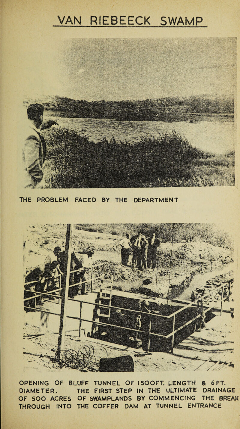 VAN RIEBEECK SWAMP THE PROBLEM FACEO BY THE DEPARTMENT OPENING OF BLUFF TUNNEL OF ISOOFT. LENGTH 8 6 FT. DIAMETER. THE FIRST STEP IN THE ULTIMATE DRAINAGE OF 500 ACRES OF SWAMPLANDS BY COMMENCING THE BREAK THROUGH INTO THE COFFER DAM AT TUNNEL ENTRANCE