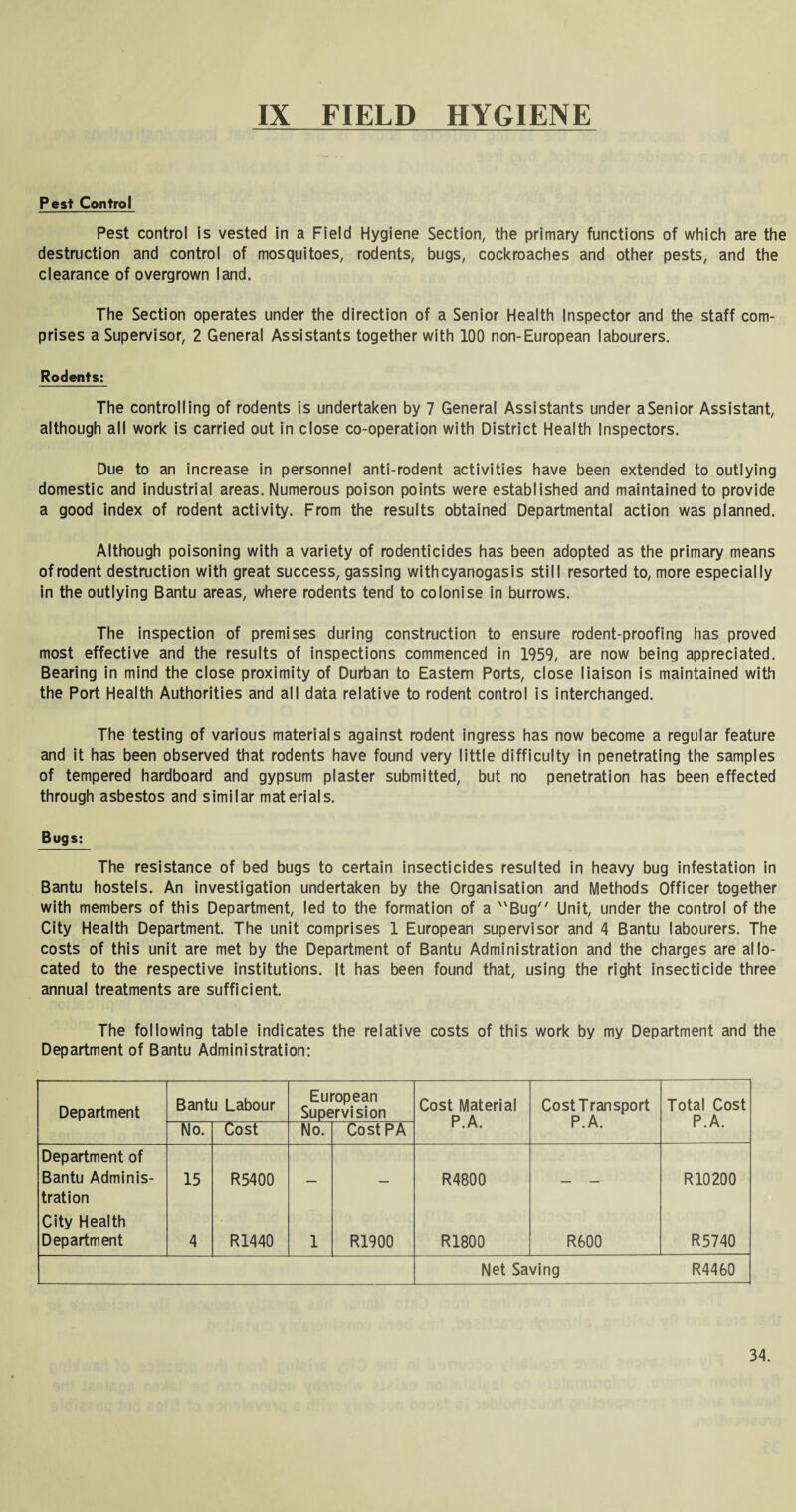 IX FIELD HYGIENE Pest Control Pest control is vested in a Field Hygiene Section, the primary functions of which are the destruction and control of mosquitoes, rodents, bugs, cockroaches and other pests, and the clearance of overgrown land. The Section operates under the direction of a Senior Health Inspector and the staff com¬ prises a Supervisor, 2 General Assistants together with 100 non-European labourers. Rodents: The controlling of rodents is undertaken by 7 General Assistants under a Senior Assistant, although all work is carried out in close co-operation with District Health Inspectors. Due to an increase in personnel anti-rodent activities have been extended to outlying domestic and industrial areas. Numerous poison points were established and maintained to provide a good index of rodent activity. From the results obtained Departmental action was planned. Although poisoning with a variety of rodenticides has been adopted as the primary means of rodent destruction with great success, gassing withcyanogasis still resorted to, more especially in the outlying Bantu areas, where rodents tend to colonise in burrows. The inspection of premises during construction to ensure rodent-proofing has proved most effective and the results of inspections commenced in 1959, are now being appreciated. Bearing in mind the close proximity of Durban to Eastern Ports, close liaison is maintained with the Port Health Authorities and all data relative to rodent control is interchanged. The testing of various materials against rodent ingress has now become a regular feature and it has been observed that rodents have found very little difficulty in penetrating the samples of tempered hardboard and gypsum plaster submitted, but no penetration has been effected through asbestos and similar materials. Bugs: The resistance of bed bugs to certain insecticides resulted in heavy bug infestation in Bantu hostels. An investigation undertaken by the Organisation and Methods Officer together with members of this Department, led to the formation of a Bug Unit, under the control of the City Health Department. The unit comprises 1 European supervisor and 4 Bantu labourers. The costs of this unit are met by the Department of Bantu Administration and the charges are allo¬ cated to the respective institutions. It has been found that, using the right insecticide three annual treatments are sufficient. The following table indicates the relative costs of this work by my Department and the Department of Bantu Administration: Department Bantu Labour European Supervision Cost Material P.A. Cost Transport P.A. Total Cost P.A. No. Cost No. Cost PA Department of Bantu Adminis¬ tration 15 R5400 — — R4800 — — RIO 200 City Health Department 4 R1440 1 R1900 R1800 R600 R5740 Net Saving R4460