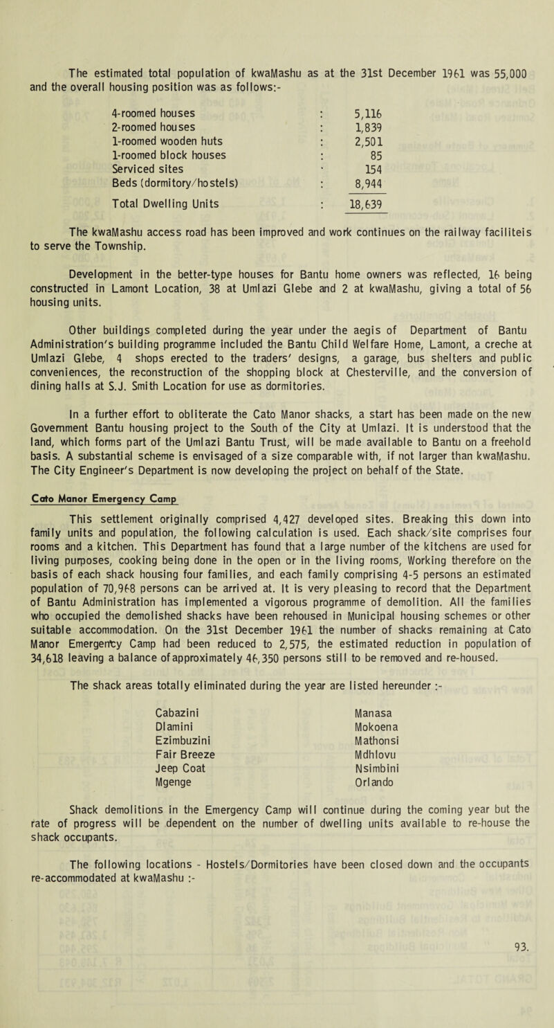 The estimated total population of kwaMashu as at the 31st December 1961 was 55,000 and the overall housing position was as follows:- 4-roomed houses : 5,116 2-roomed houses : 1,839 1-roomed wooden huts : 2,501 1-roomed block houses : 85 Serviced sites * 154 Beds (dormitory/hostels) : 8,944 Total Dwelling Units : 18,639 The kwaMashu access road has been improved and work continues on the railway faciliteis to serve the Township. Development in the better-type houses for Bantu home owners was reflected, 16 being constructed in Lamont Location, 38 at Umlazi Glebe and 2 at kwaMashu, giving a total of 56 housing units. Other buildings completed during the year under the aegis of Department of Bantu Administration's building programme included the Bantu Child Welfare Home, Lamont, a creche at Umlazi Glebe, 4 shops erected to the traders' designs, a garage, bus shelters and public conveniences, the reconstruction of the shopping block at Chesterville, and the conversion of dining halls at S.J. Smith Location for use as dormitories. In a further effort to obliterate the Cato Manor shacks, a start has been made on the new Government Bantu housing project to the South of the City at Umlazi. It is understood that the land, which forms part of the Umlazi Bantu Trust, will be made available to Bantu on a freehold basis. A substantial scheme is envisaged of a size comparable with, if not larger than kwaMashu. The City Engineer's Department is now developing the project on behalf of the State. Cato Manor Emergency Camp This settlement originally comprised 4,427 developed sites. Breaking this down into family units and population, the following calculation is used. Each shack/site comprises four rooms and a kitchen. This Department has found that a large number of the kitchens are used for living purposes, cooking being done in the open or in the living rooms, Working therefore on the basis of each shack housing four families, and each family comprising 4-5 persons an estimated population of 70,968 persons can be arrived at. It is very pleasing to record that the Department of Bantu Administration has implemented a vigorous programme of demolition. All the families who occupied the demolished shacks have been rehoused in Municipal housing schemes or other suitable accommodation. On the 31st December 1961 the number of shacks remaining at Cato Manor Emergenty Camp had been reduced to 2,575, the estimated reduction in population of 34,618 leaving a balance of approximately 46,350 persons still to be removed and re-housed. The shack areas totally eliminated during the year are listed hereunder :- Cabazini Manasa Dlamini Mokoena Ezimbuzini Mathonsi Fair Breeze Mdhlovu Jeep Coat Nsimbini Mgenge Orlando Shack demolitions in the Emergency Camp will continue during the coming year but the rate of progress will be dependent on the number of dwelling units available to re-house the shack occupants. The following locations - Hostels/Dormitories have been closed down and the occupants re-accommodated at kwaMashu :-