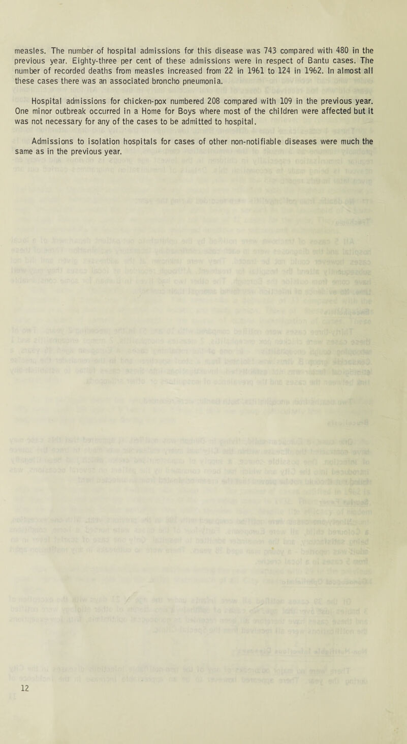 measles. The number^of hospital admissions for this disease was 743 compared with 480 in the previous year. Eighty-three per cent of these admissions were in respect of Bantu cases. The number of recorded deaths from measles increased from 22 in 1961 to 124 in 1962. In almost all these cases there was an associated broncho pneumonia. Hospital admissions for chicken-pox numbered 208 compared with 109 in the previous year. One minor outbreak occurred in a Home for Boys where most of the children were affected but it was not necessary for any of the cases to be admitted to hospital. Admissions to isolation hospitals for cases of other non-notifiable diseases were much the same as in the previous year.