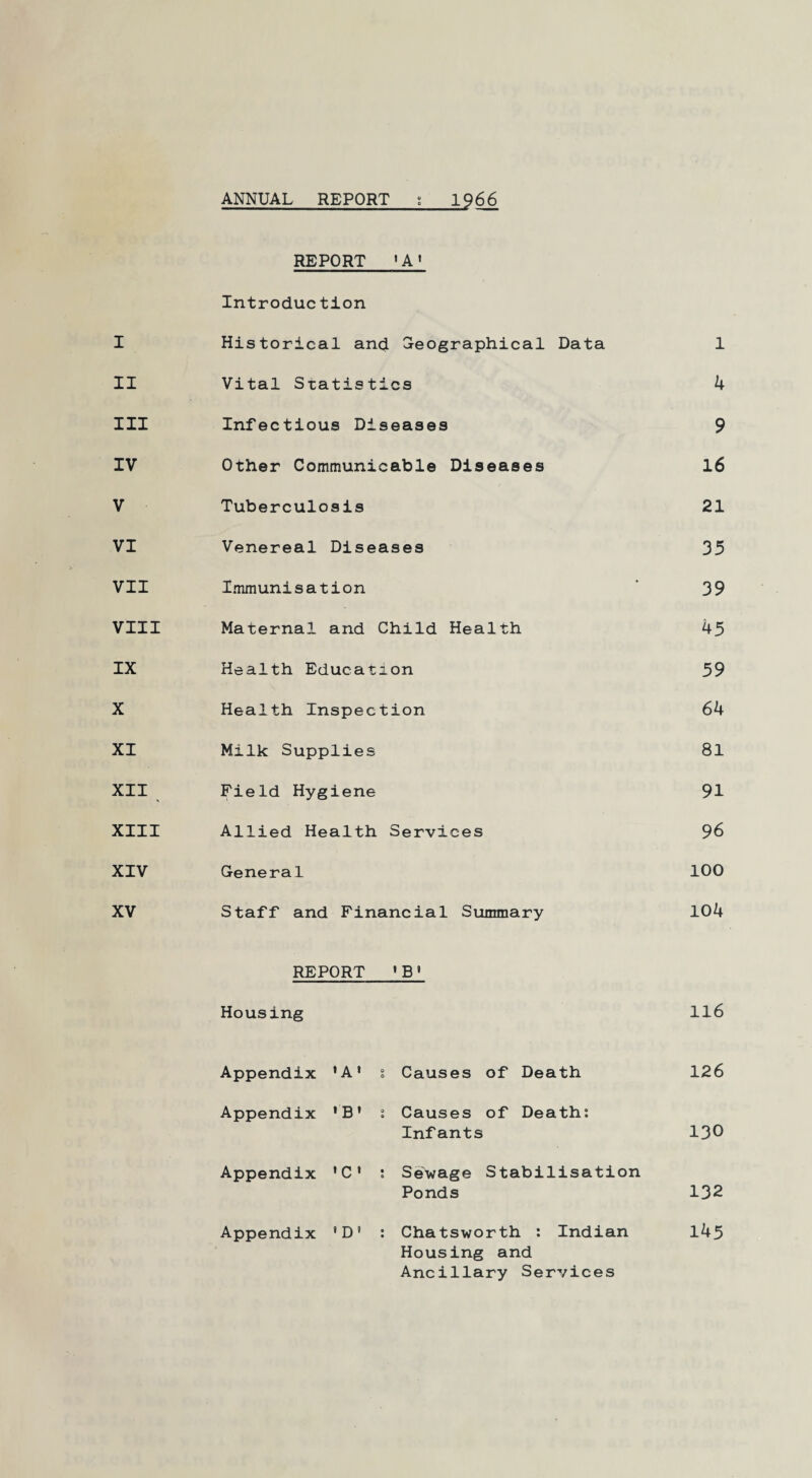 ANNUAL REPORT 1966 I II III IV V VI VII VIII IX X XI XII XIII XIV XV REPORT «A» Introduc tion Historical and Geographical Data 1 Vital Statistics 4 Infectious Diseases 9 Other Communicable Diseases 16 Tuberculosis 21 Venereal Diseases 35 Immunisation 39 Maternal and Child Health 45 Health Education 59 Health Inspection 64 Milk Supplies 81 Field Hygiene 91 Allied Health Services 96 General 100 Staff and Financial Summary 104 REPORT »B' Housing 116 Appendix 'A1 1 Causes of Death 126 Appendix ' B’ : Causes of Death: Infants 130 Appendix ’C1 : Sewage Stabilisation Ponds 132 Appendix ' D’ : Chatsworth : Indian 145 Housing and Ancillary Services