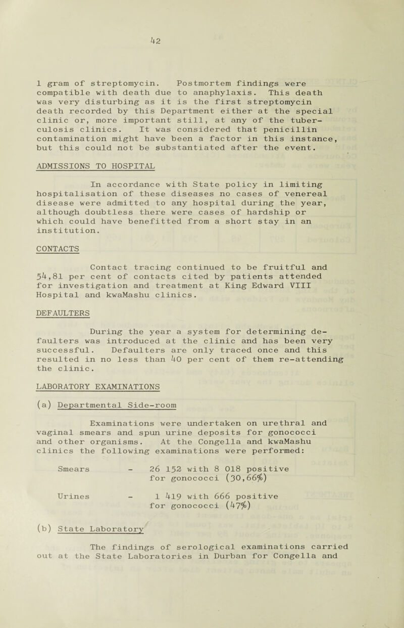 1 gram of streptomycin. Postmortem findings were compatible with death due to anaphylaxis. This death was very disturbing as it is the first streptomycin death recorded by this Department either at the special clinic or, more important still, at any of the tuber¬ culosis clinics. It was considered that penicillin contamination might have been a factor in this instance, but this could not be substantiated after the event. ADMISSIONS TO HOSPITAL In accordance with State policy in limiting hospitalisation of these diseases no cases of venereal disease were admitted to any hospital during the year, although doubtless there were cases of hardship or which could have benefitted from a short stay in an institution. CONTACTS Contact tracing continued to be fruitful and 54,81 per cent of contacts cited by patients attended for investigation and treatment at King Edward VIII Hospital and kwaMashu clinics. DEFAULTERS During the year a system for determining de¬ faulters was introduced at the clinic and has been very successful. Defaulters are only traced once and this resulted in no less than 40 per cent of them re-attending the clinic. LABORATORY EXAMINATIONS (a) Departmental Side-room Examinations were undertaken on urethral and vaginal smears and spun urine deposits for gonococci and other organisms. At the Congella and kwaMashu clinics the following examinations were performed: Smears - 26 152- with 8 018 positive for gonococci (30,66%) Urines - 1 4l9 with 666 positive for gonococci (47%) (b) State Laboratory The findings of serological examinations carried out at the State Laboratories in Durban for Congella and