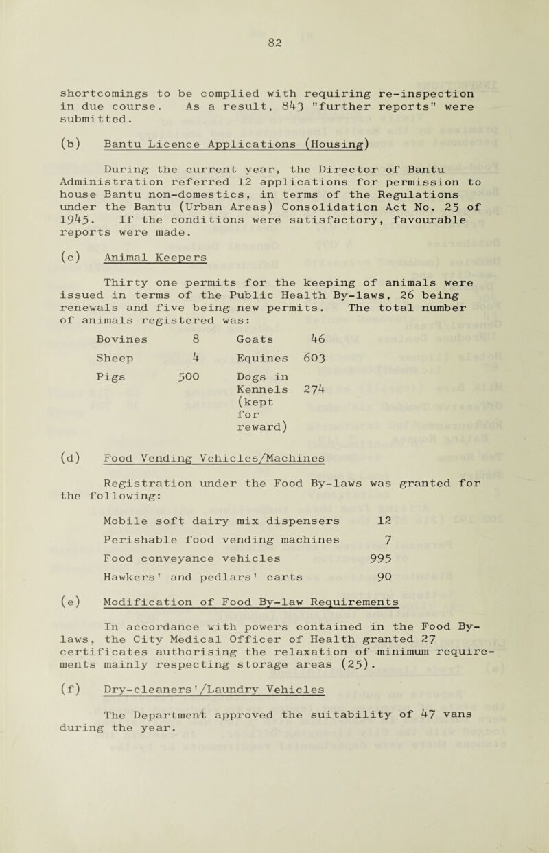 shortcomings to be complied with requiring re-inspection in due course. As a result, 843 further reports were submitted. (b) Bantu Licence Applications (Housing) During the current year, the Director of Bantu Administration referred 12 applications for permission to house Bantu non-domestics, in terms of the Regulations under the Bantu (Urban Areas) Consolidation Act No. 23 of 1943- If the conditions were satisfactory, favourable reports were made. (c) Animal Keepers Thirty one permits for the keeping of animals were issued in terms of the Public Health By-laws, 26 being renewals and five being new permits. The total number of animals registered was: Bovines 8 Goats 46 Sheep 4 Equines 603 Pigs 300 Dogs in Kennels (kept for reward) 274 (d) Food Vending Vehicles/Machines Registration under the Food By-laws was granted for the following: Mobile soft dairy mix dispensers 12 Perishable food vending machines 7 Food conveyance vehicles 995 Hawkers’ and pedlars' carts 90 (e) Modification of Food By-law Requirements In accordance with powers contained in the Food By¬ laws, the City Medical Officer of Health granted 27 certificates authorising the relaxation of minimum require¬ ments mainly respecting storage areas (23). (f) Dry-cleaners'/Laundry Vehicles The Department approved the suitability of 47 vans during the year.