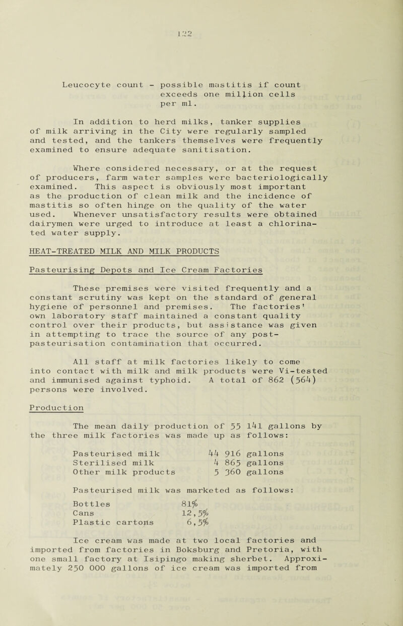 Leucocyte count - possible mastitis if count exceeds one million cells per ml. In addition to herd milks, tanker supplies of milk arriving in the City were regularly sampled and tested, and the tankers themselves were frequently examined to ensure adequate sanitisation. Where considered necessary, or at the request of producers, farm water samples were bacteriologically examined. This aspect is obviously most important as the production of clean milk and the incidence of mastitis so often hinge on the quality of the water used. Whenever unsatisfactory results were obtained dairymen were urged to introduce at least a chlorina¬ ted water supply. HEAT-TREATED MILK AND MILK PRODUCTS Pasteurising Depots and Ice Cream Factories These premises were visited frequently and a constant scrutiny was kept on the standard of general hygiene of personnel and premises. The factories' own laboratory staff maintained a constant quality control over their products, but assistance was given in attempting to trace the source of any post¬ pasteurisation contamination that occurred. All staff at milk factories likely to come into contact with milk and milk products were Vi-tested and immunised against typhoid. A total of 862 (564) persons were involved. Production The mean daily production of 55 the three milk factories was made up as l4l gallons by follows: Pasteurised milk Sterilised milk Other milk products 44 916 gallons 4 865 gallons 5 360 gallons Pasteurised milk was Bottles Cans Plastic cartons marketed as follows: 81$ 12,5$ 6,5$ Ice cream was made at two local fact imported from factories in Boksburg and Pret one small factory at Isipingo making sherbet mately 250 000 gallons of ice cream was impo ories and oria, with Approxi- rted from