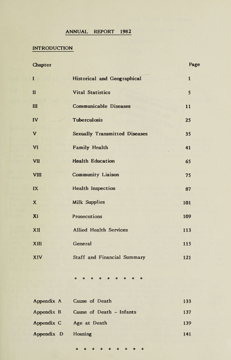 ANNUAL REPORT 1982 INTRODUCTION Chapter Page I Historical and Geographical 1 II Vital Statistics 5 III Communicable Diseases 11 IV Tuberculosis 25 V Sexually Transmitted Diseases 35 VI Family Health 41 VII Health Education 65 VIII Community Liaison 75 IX Health Inspection 87 X Milk Supplies 101 XI Prosecutions 109 XII Allied Health Services 113 XIII General 115 XIV Staff and Financial Summary 121 ********* Appendix A Cause of Death 133 Appendix B Cause of Death - Infants 137 Appendix C Age at Death 139 Appendix D Housing 141