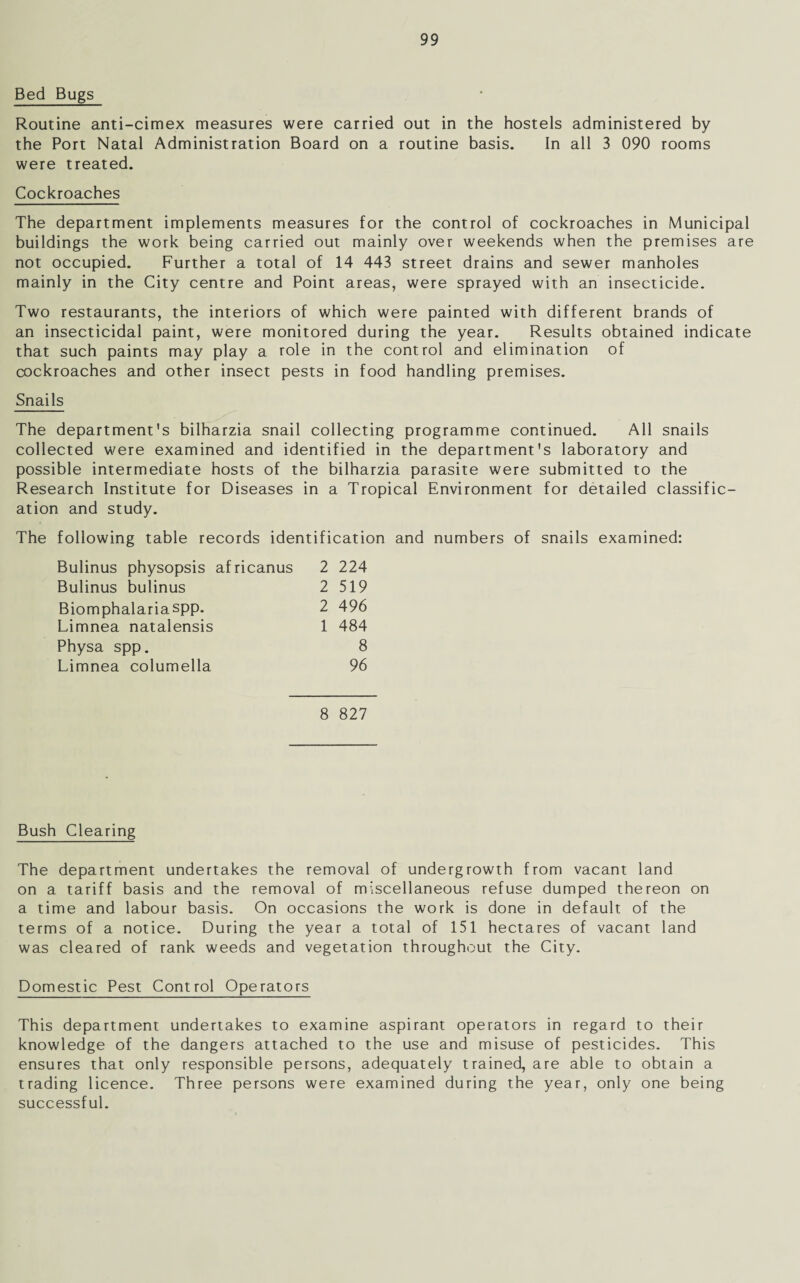 Bed Bugs Routine anti-cimex measures were carried out in the hostels administered by the Port Natal Administration Board on a routine basis. In all 3 090 rooms were treated. Cockroaches The department implements measures for the control of cockroaches in Municipal buildings the work being carried out mainly over weekends when the premises are not occupied. Further a total of 14 443 street drains and sewer manholes mainly in the City centre and Point areas, were sprayed with an insecticide. Two restaurants, the interiors of which were painted with different brands of an insecticidal paint, were monitored during the year. Results obtained indicate that such paints may play a role in the control and elimination of cockroaches and other insect pests in food handling premises. Snails The department's bilharzia snail collecting programme continued. All snails collected were examined and identified in the department's laboratory and possible intermediate hosts of the bilharzia parasite were submitted to the Research Institute for Diseases in a Tropical Environment for detailed classific¬ ation and study. The following table records identification and numbers of snails examined: Bulinus physopsis africanus 2 224 Bulinus bulinus 2 519 Biomphalariaspp. 2 496 Limnea natalensis 1 484 Physa spp. 8 Limnea columella 96 8 827 Bush Clearing The department undertakes the removal of undergrowth from vacant land on a tariff basis and the removal of miscellaneous refuse dumped thereon on a time and labour basis. On occasions the work is done in default of the terms of a notice. During the year a total of 151 hectares of vacant land was cleared of rank weeds and vegetation throughout the City. Domestic Pest Control Operators This department undertakes to examine aspirant operators in regard to their knowledge of the dangers attached to the use and misuse of pesticides. This ensures that only responsible persons, adequately trained, are able to obtain a trading licence. Three persons were examined during the year, only one being successful.