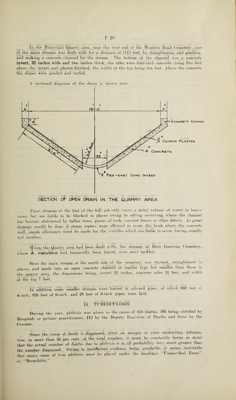 ) » » ■ J ’• { * . J • . ’ • ; > . ■ t ; » In the Municipal Quarry area, near the west eml of the Western Hoad Cemetery,, one ■ • l. ' , W . ^ # * V • . < ■of the main streams was dealt with for a distance of 1115 feet, by straightening and grading, and making a concrete channel for the stream. The bottom of the channel was a concrete invert, 22 inches wide and two inches thick, the sides were fonr-incli concrete rising five feet above the invert and plaster-finished, the width at the top being ten feet. Above the concrete the slopes were graded and turfed. A sectional diagram of the drain is shown here. SECTION OF OPEN DRAIN IN THE QUARRY AREA These streams at the foot of the hill not only carry a great volume of water in heavy rains, but are liable to be blocked in places owing to silting occurring where the channel lias become obstructed by fallen trees, pieces of rock, coconut leaves or other debris. As great damage would be done if storm waters were allowed U> scour the, bank above the concrete wall, ample allowance must be made for tbe i roubles which are liable to occur during usually wet weather. i t c ; . i : x ; . i l. i1 * When the Quarry area had been dealt with, the streams at Batu Gan tong Cemetery, where A. maculatus had frequently been found, were nexl tackled. Here the main stream at the north side of the cemetery was trained, straightened in places, and made into an open concrete channel of similar type but smaller than those in the quarry area, the dimensions being, invert 22 inches, concrete sides feet, and width at tiie top i teet. ill addition some smaller streams were buried in sub-soil pipes, of which 660 feet or 4-inch, 026 feet of 6-inch, and 28 feet of 8-inch pipes were laid. 14. TUBEuctri/hsis. During the year, phthisis was given as the cause of 824 deaths, 208 being certified In- Hospital* or private practitioners, 118 by the Deputy Registrar of Deaths and three by tbe •Coroner. Since the cause of death is diagnosed, often on meagre or even misleading informa¬ tion in more than 50 per cent. of. the total number, it .must be. constantly borne in mind that the actual number of deaths due to phthisis is in all probability very much greater than the number diagnosed. Owing to insufficient evidence being available, it seems inevitable that many cases of true phthisis must be placed under the headings “Unspecified Fever” or “Bronchitis.”